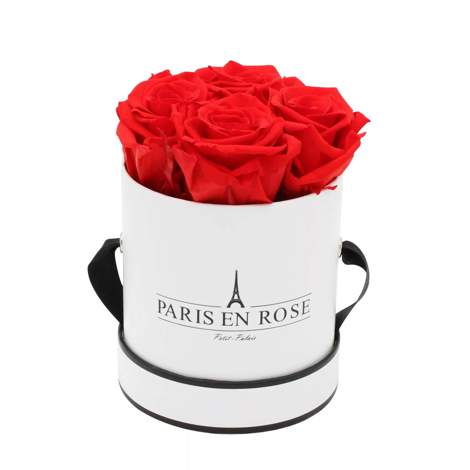Rosenbox Ø 10 cm Weiß-Schwarz mit 4 Roten Rosen günstig online kaufen