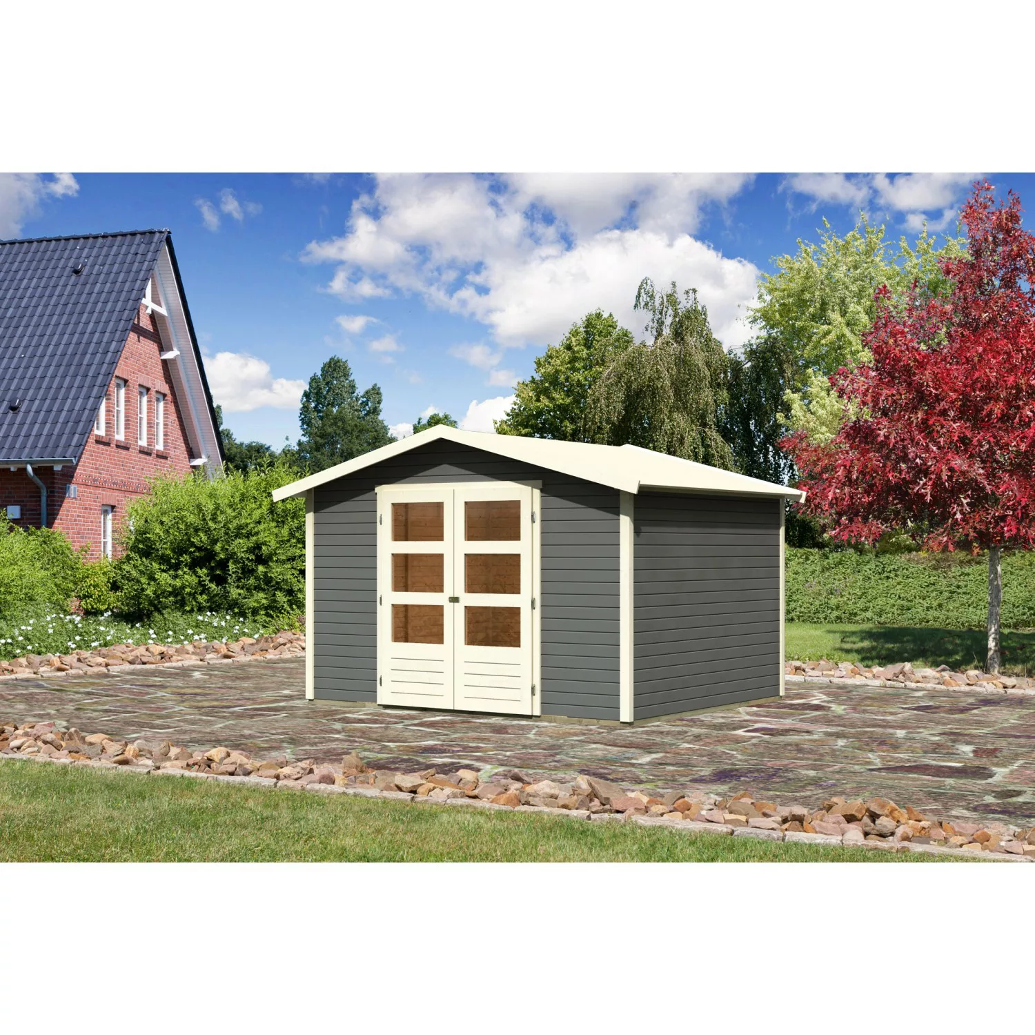 Karibu Holz-Gartenhaus/Gerätehaus Amberg Terragrau Satteldach Lackiert 302 günstig online kaufen