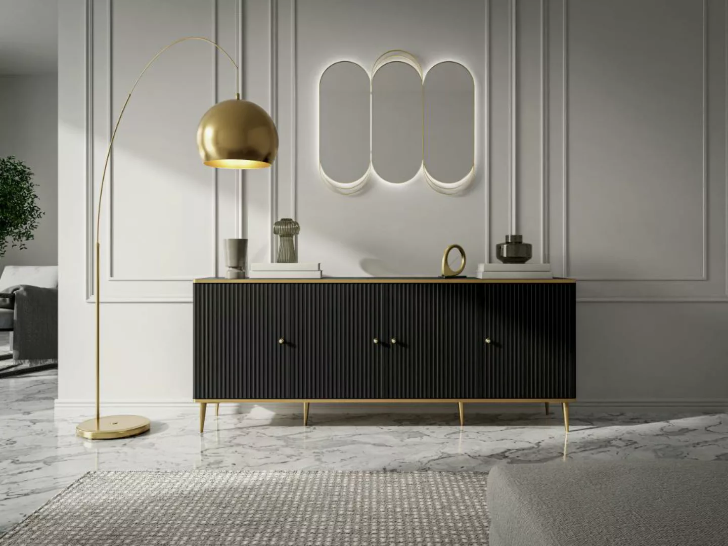 Sideboard mit 4 Türen - MDF und Stahl - Schwarz und Goldfarben - SINEAD von günstig online kaufen