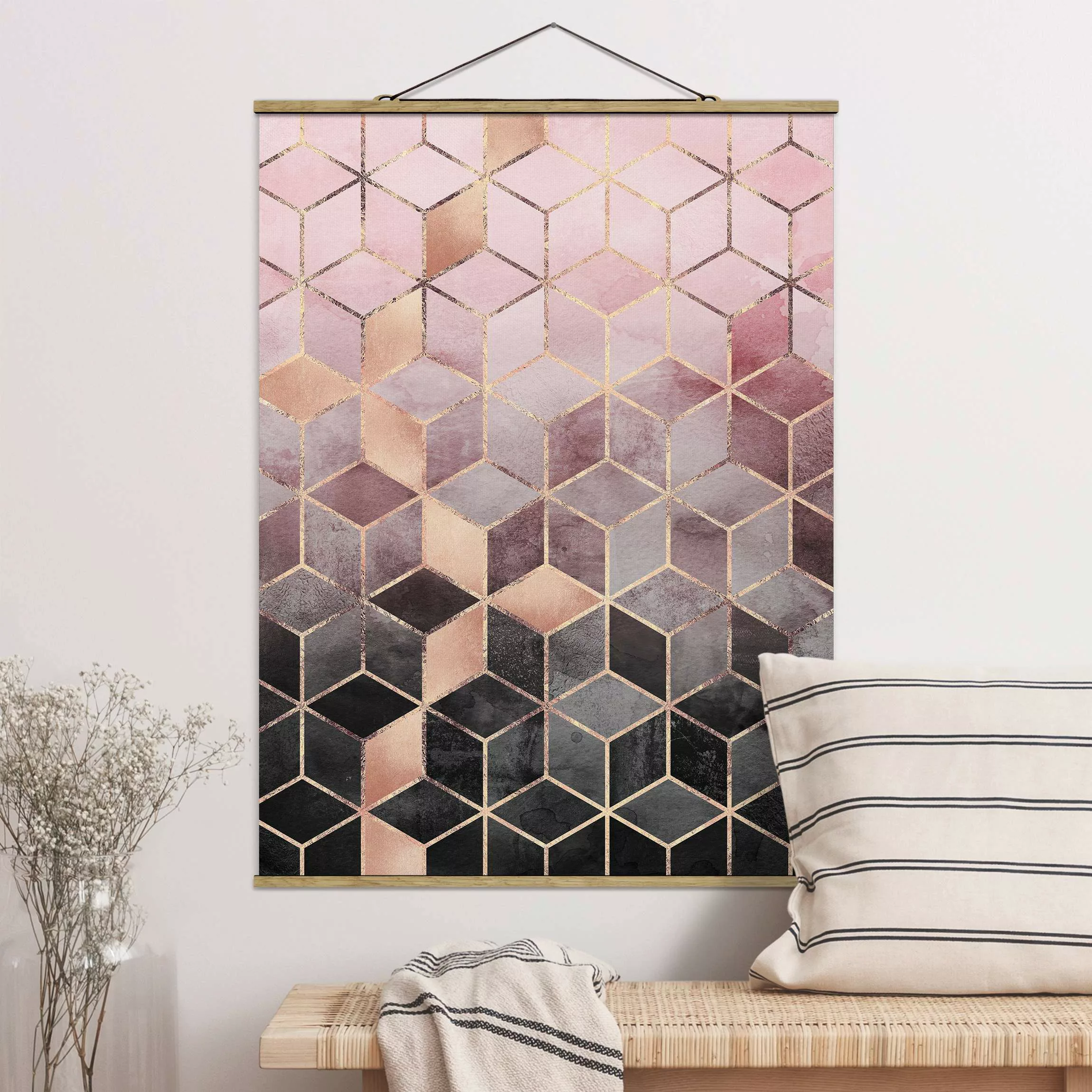 Stoffbild Abstrakt mit Posterleisten - Hochformat Rosa Grau goldene Geometr günstig online kaufen