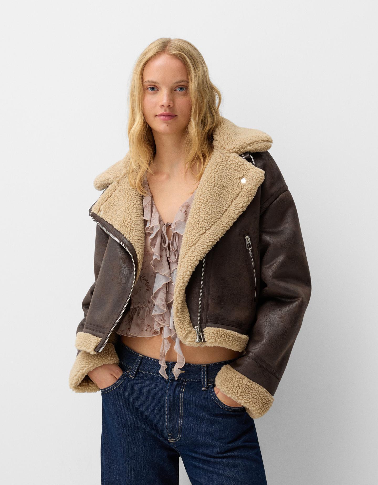 Bershka Doubleface-Bikerjacke Damen L Braun günstig online kaufen