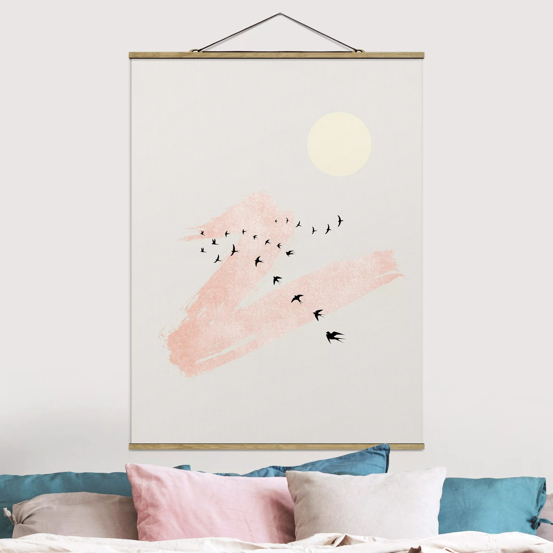 Stoffbild mit Posterleisten Vogelschwarm vor Rosa Himmel günstig online kaufen