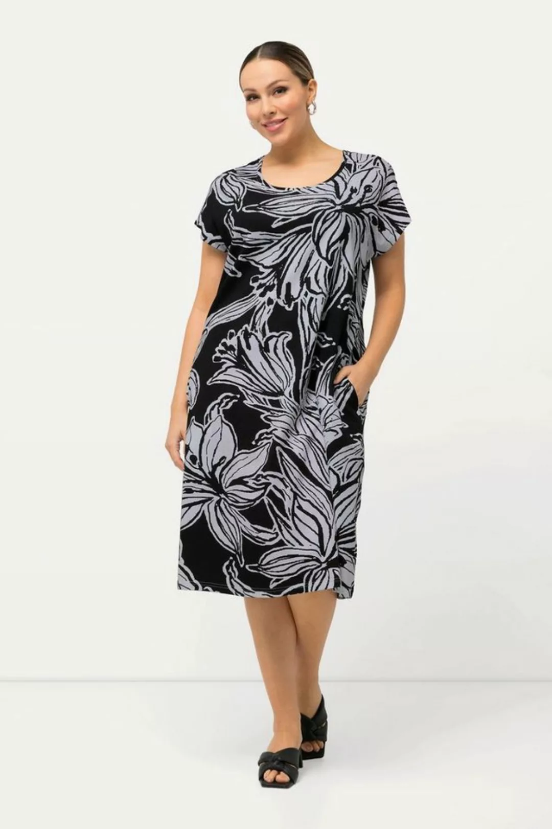 Ulla Popken Sommerkleid Jersey-Minikleid Blüten Oversized Rundhals Halbarm günstig online kaufen