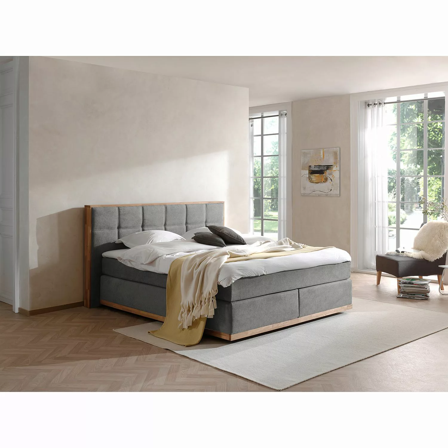 home24 Naturoo Boxspringbett Levana 180x200 cm Webstoff/Eiche Grau mit Matr günstig online kaufen