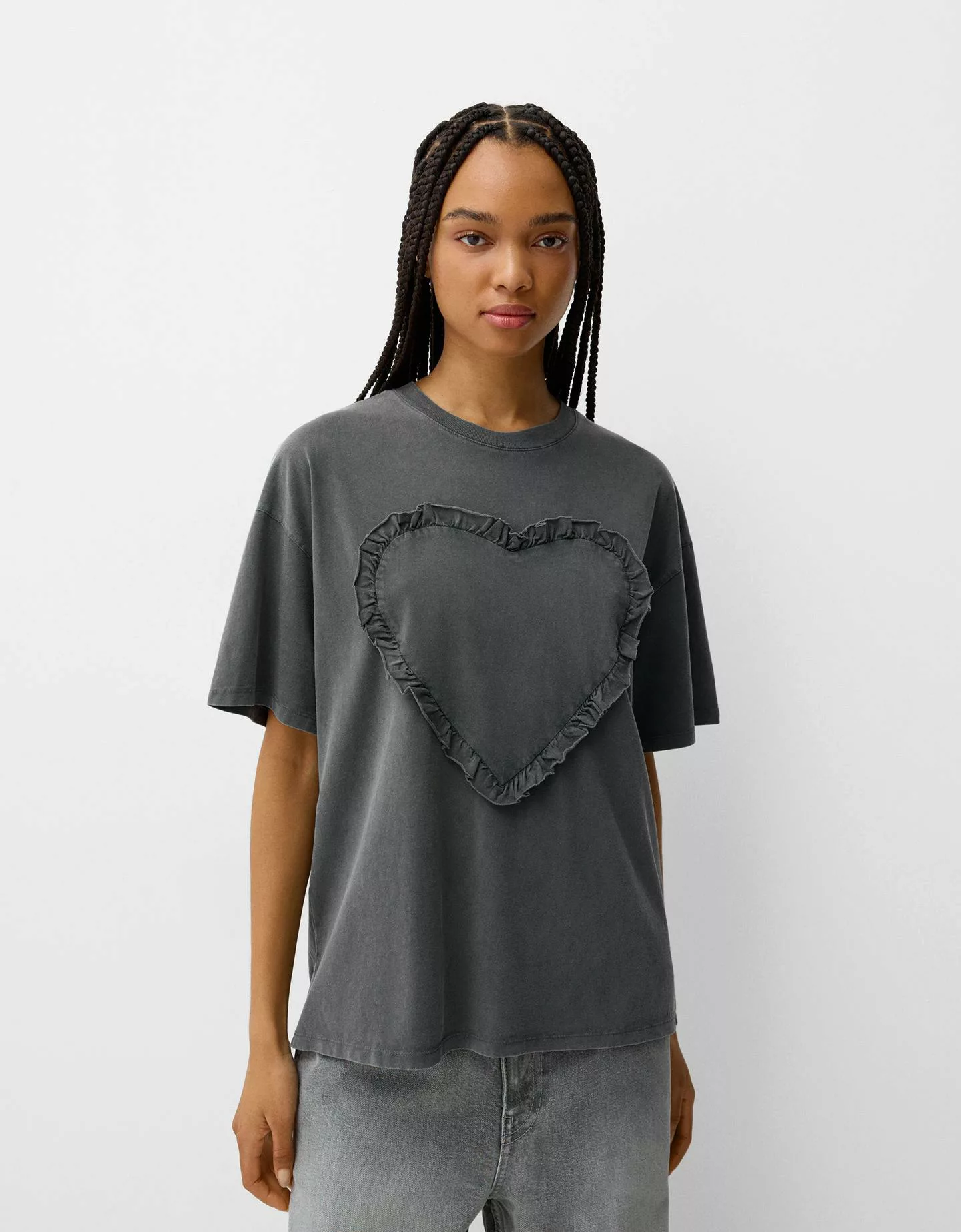 Bershka T-Shirt Washed-Look Mit Herz Damen Xs Grau günstig online kaufen