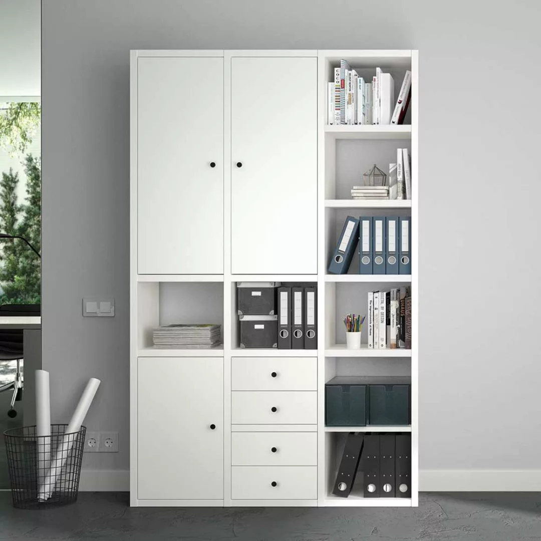 Arbeitszimmer Regalkombination in Weiß vier Schubladen günstig online kaufen