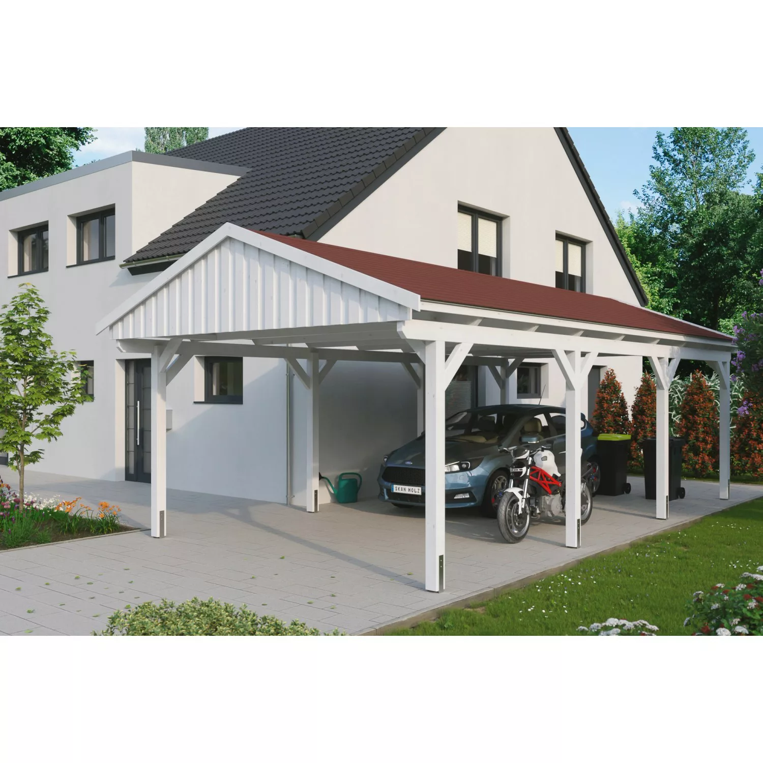 Skan Holz Carport Fichtelberg 423 cm x 808 cm Rote Schindeln Weiß günstig online kaufen