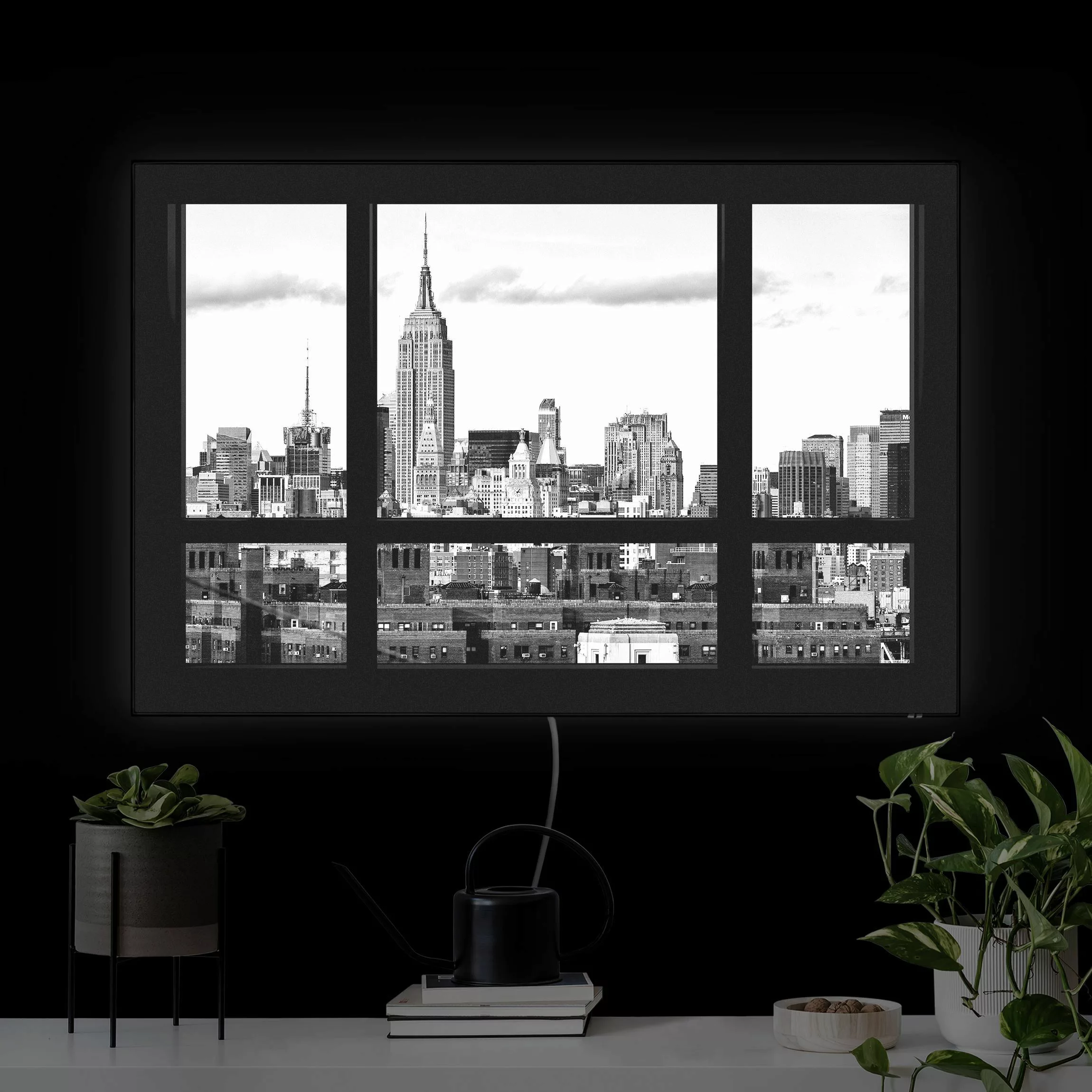 LED-Wechselbild Fensterblick New York Skyline schwarz weiß günstig online kaufen