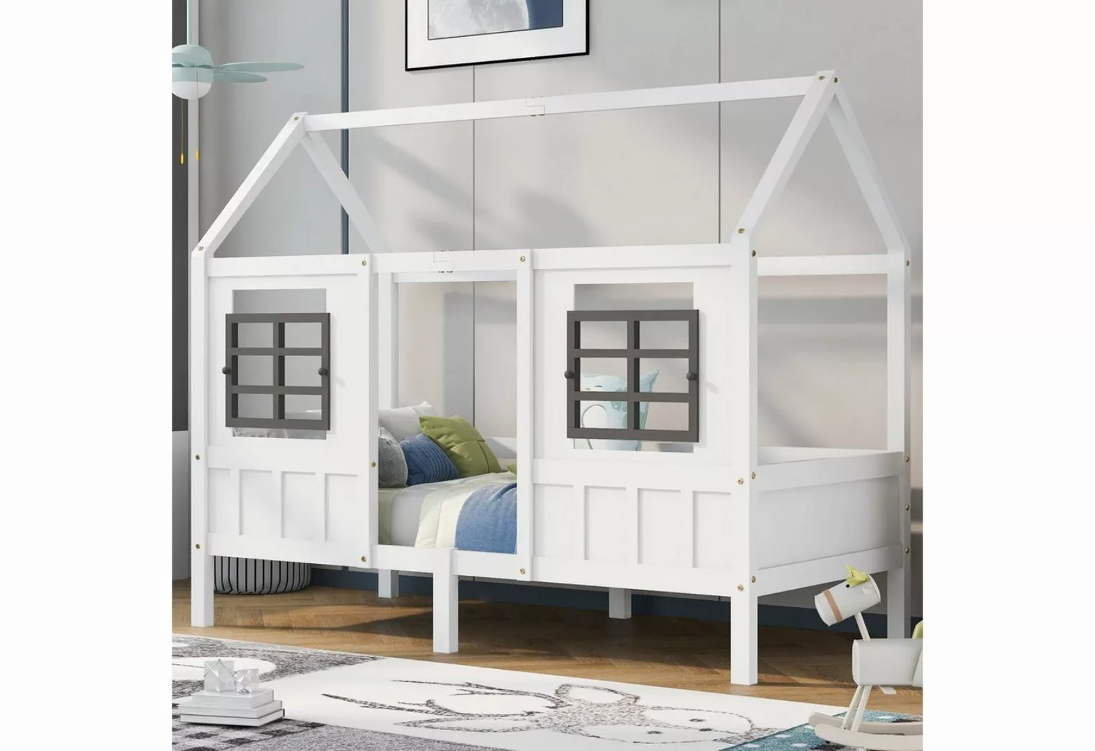 Odikalo Kinderbett Hausbett, Einzelbett, Tagesbett, mit 2 Fenstern,aus Kief günstig online kaufen