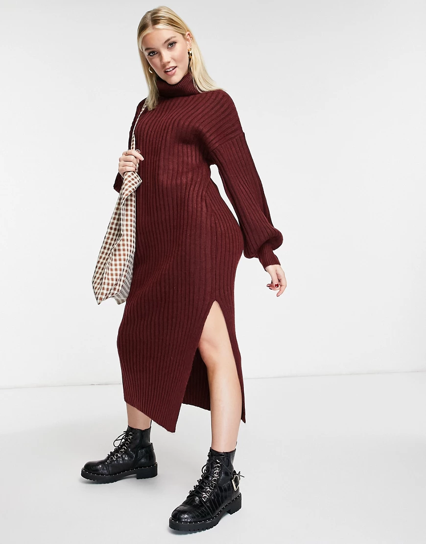 ASOS DESIGN – Geripptes Midikleid in Dunkelrot mit Rollkragen günstig online kaufen