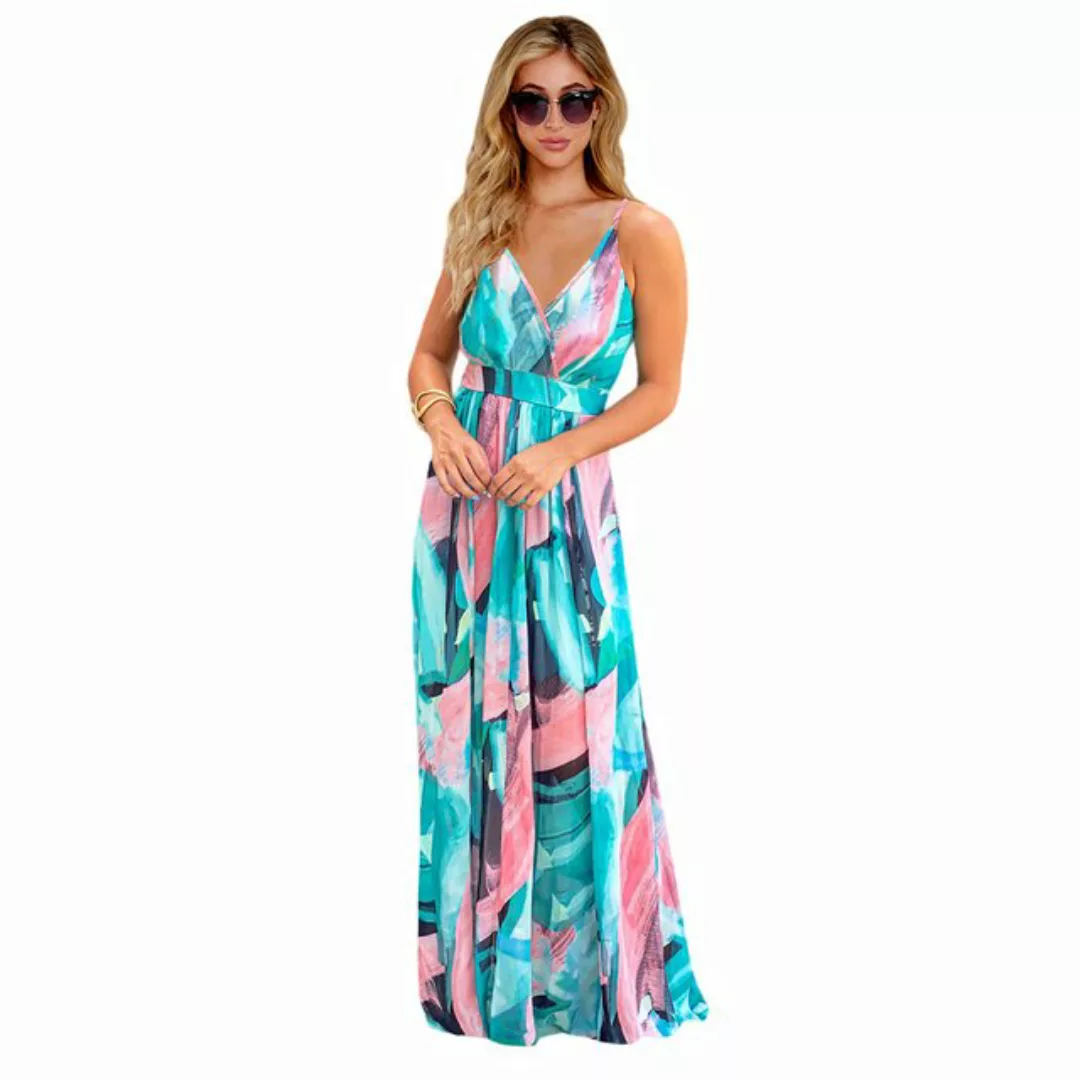 Mayou Strandkleid Damen Blumen Ärmellos V-Ausschnitt Boho Strandkleid Lang günstig online kaufen