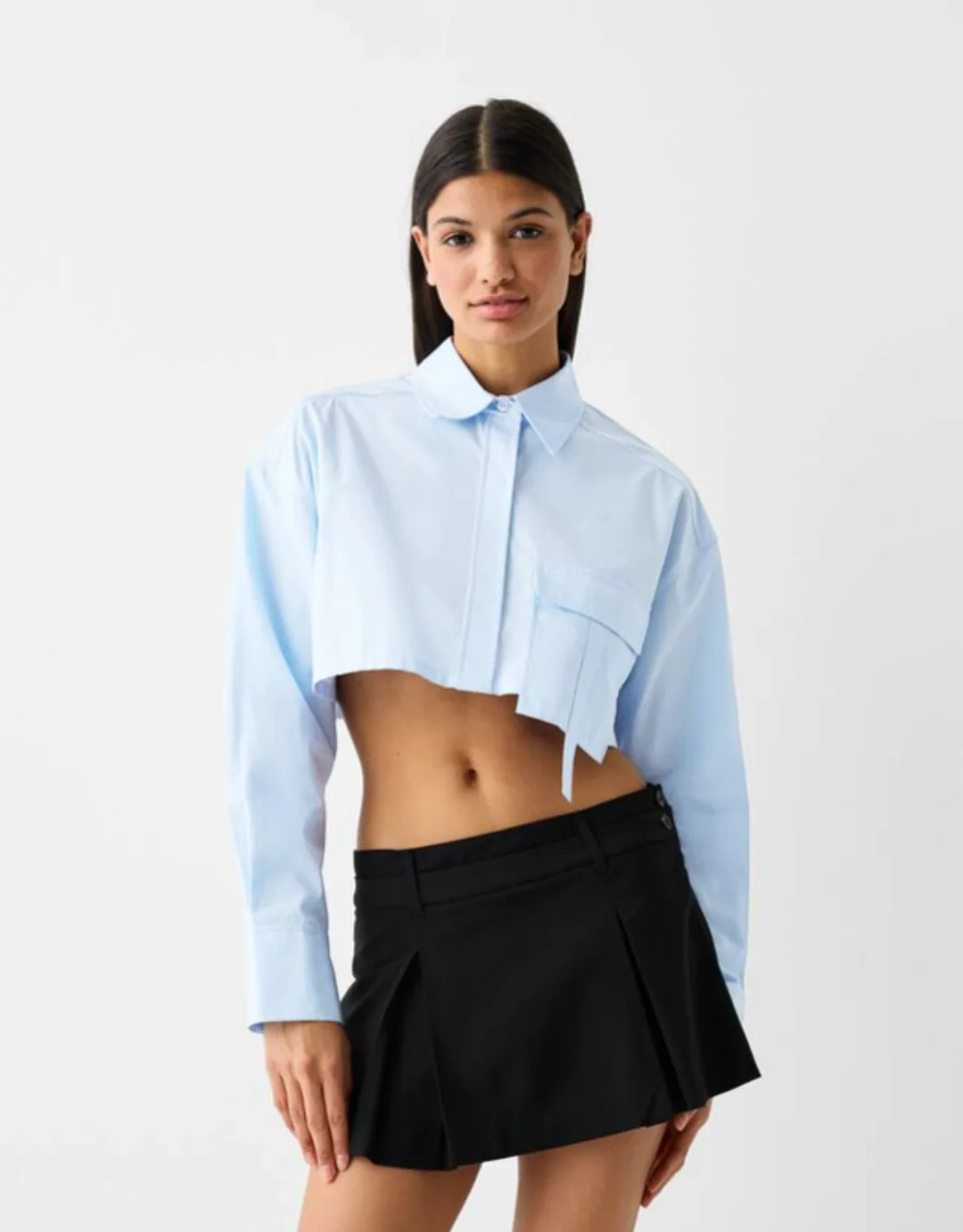 Bershka Cropped-Langarmhemd Aus Popelin Mit Bändern Damen Xs Hellblau günstig online kaufen