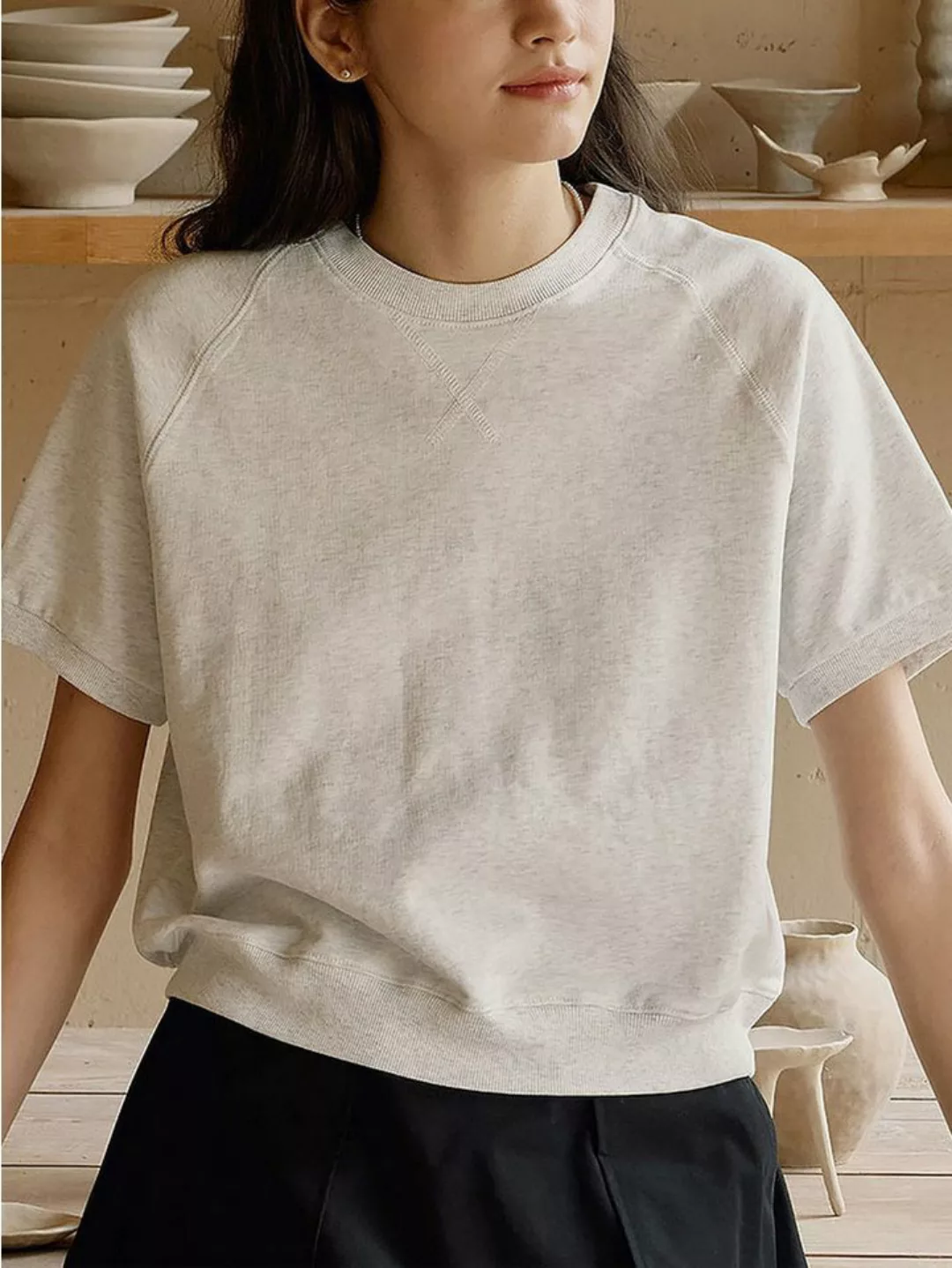RUZU UG Blusentop Shirtbluse Kurzärmeliges T-Shirt-Pulloveroberteil Rundhal günstig online kaufen