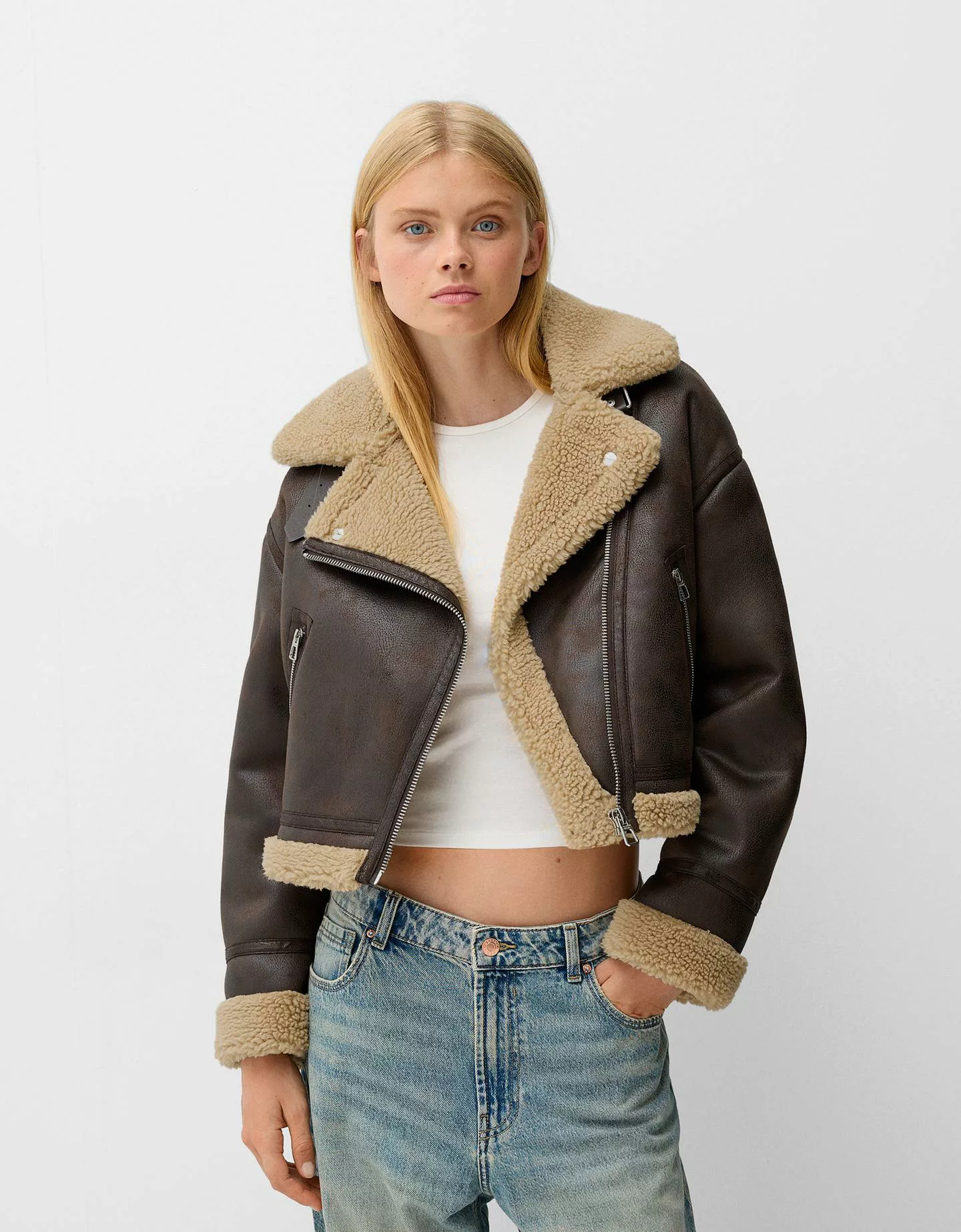 Bershka Doubleface-Bikerjacke Damen L Braun günstig online kaufen