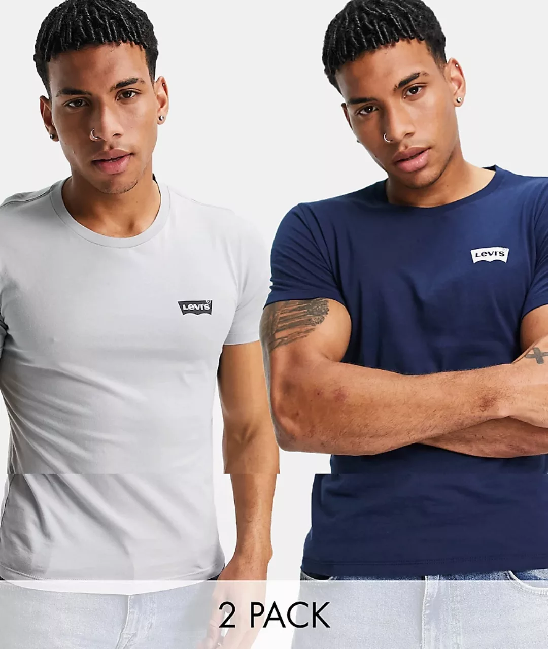 Levi's – T-Shirts in Blau/Grau mit Fledermausflügel-Logo im 2er-Pack-Mehrfa günstig online kaufen