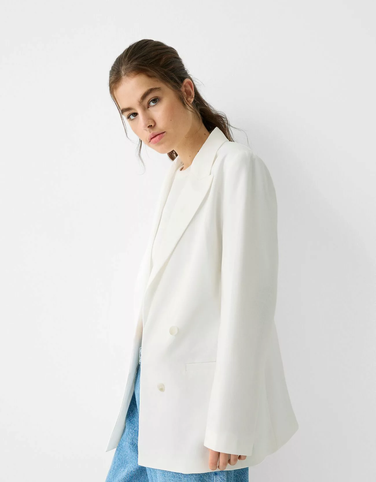 Bershka Fließender Slim-Fit-Blazer In Wickeloptik Damen L Grbrochenes Weiss günstig online kaufen