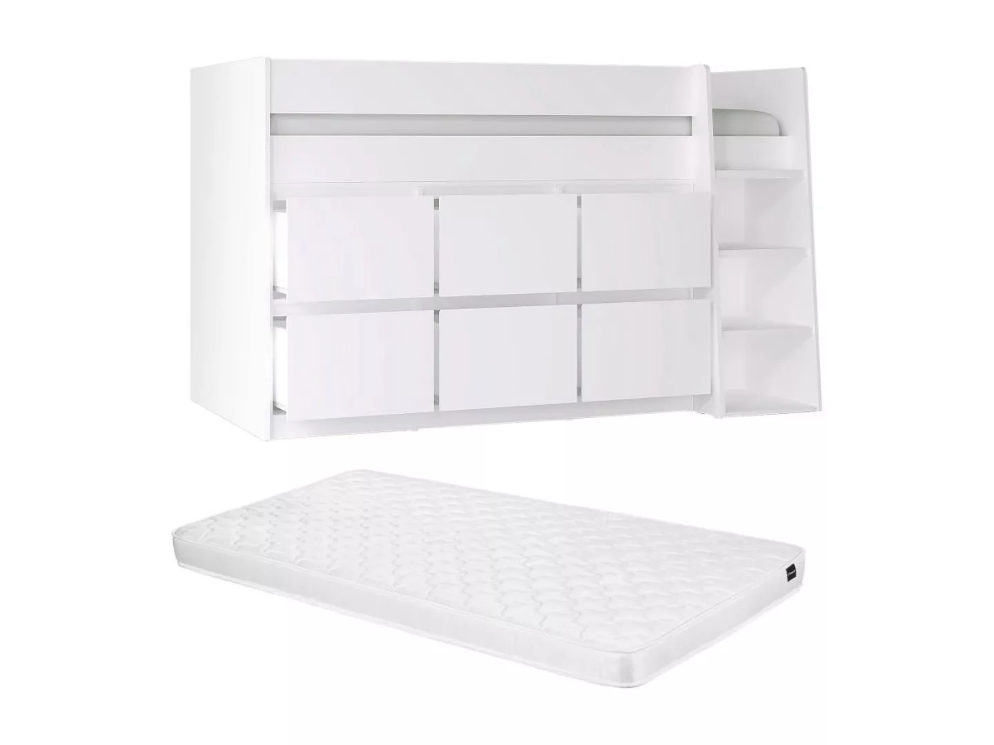 Hochbett mit 6 Schubladen - 90 x 190 cm - Weiß + Matratze - CAMALETI günstig online kaufen