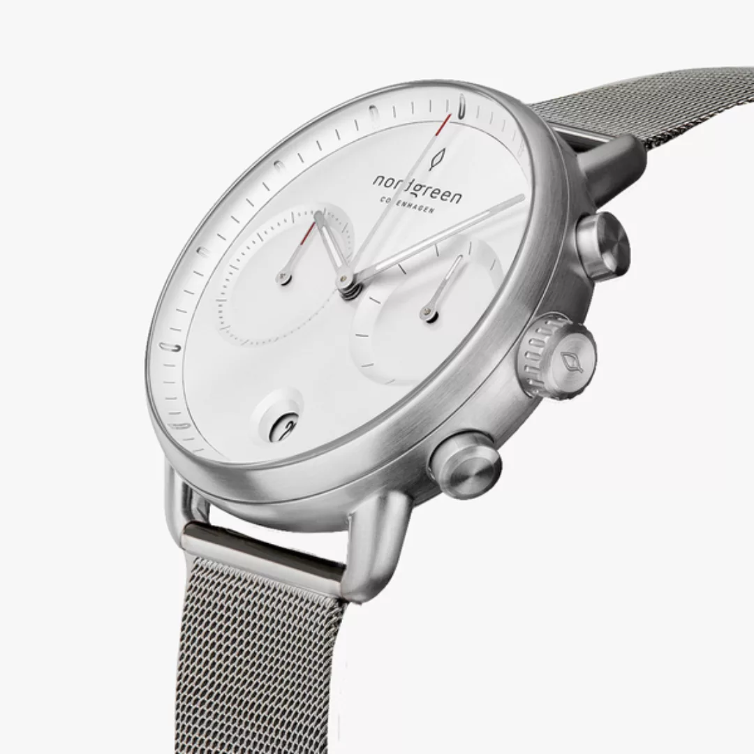 Chronograph Pioneer Silber | Weißes Ziffernblatt - Mesharmband günstig online kaufen