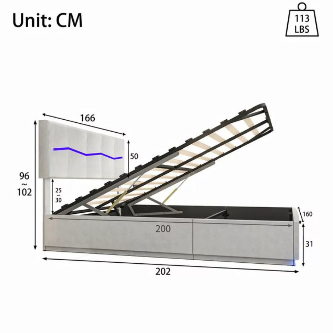 FUROKOY Polsterbett LED Doppelbett Hydraulischer Bettgestell Bett mit Staur günstig online kaufen