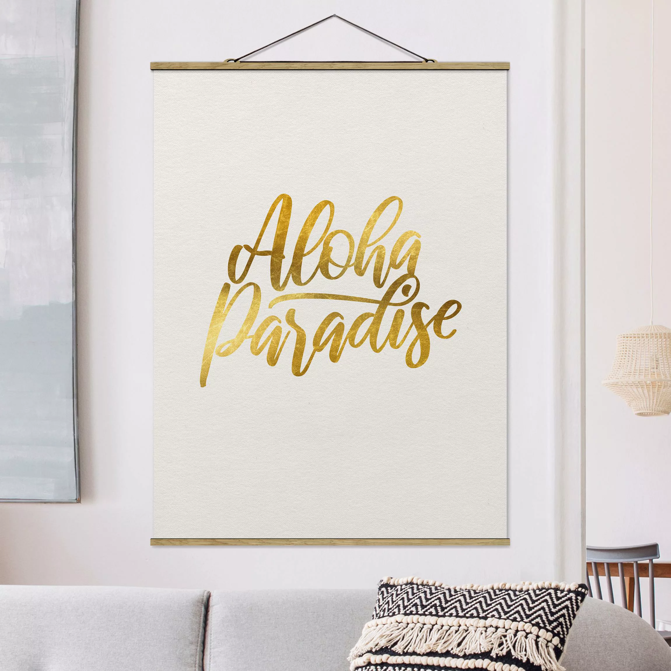 Stoffbild Spruch mit Posterleisten - Hochformat Gold - Aloha Paradise günstig online kaufen
