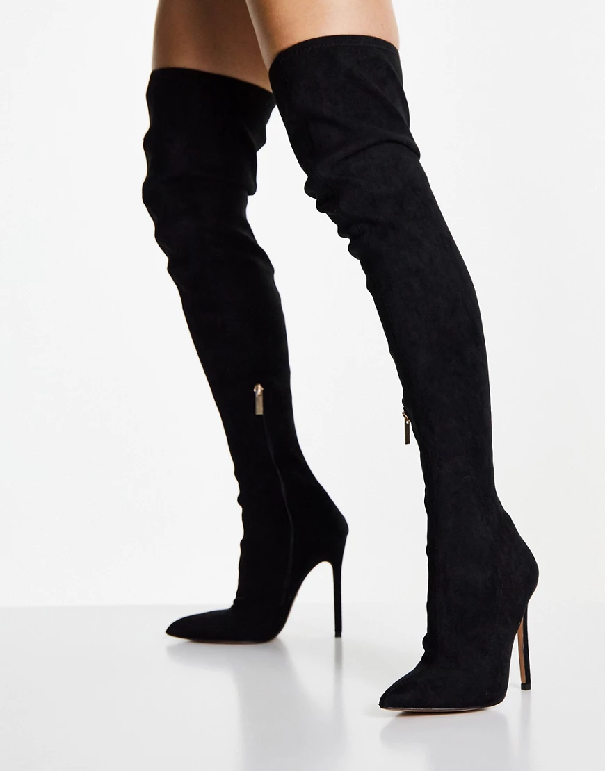 ASOS DESIGN – Koko – Overknee-Stiefel in Mikro-Schwarz mit Absatz günstig online kaufen