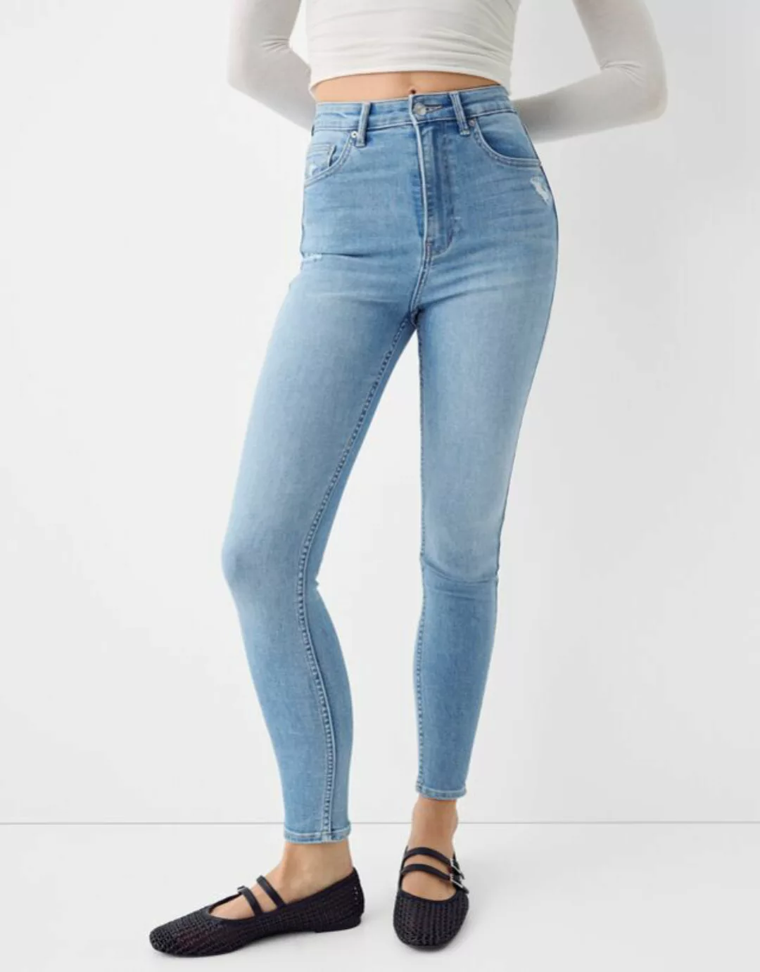 Bershka Skinny-Jeans Mit Sehr Hohem Bund Damen 38 Hellblau günstig online kaufen