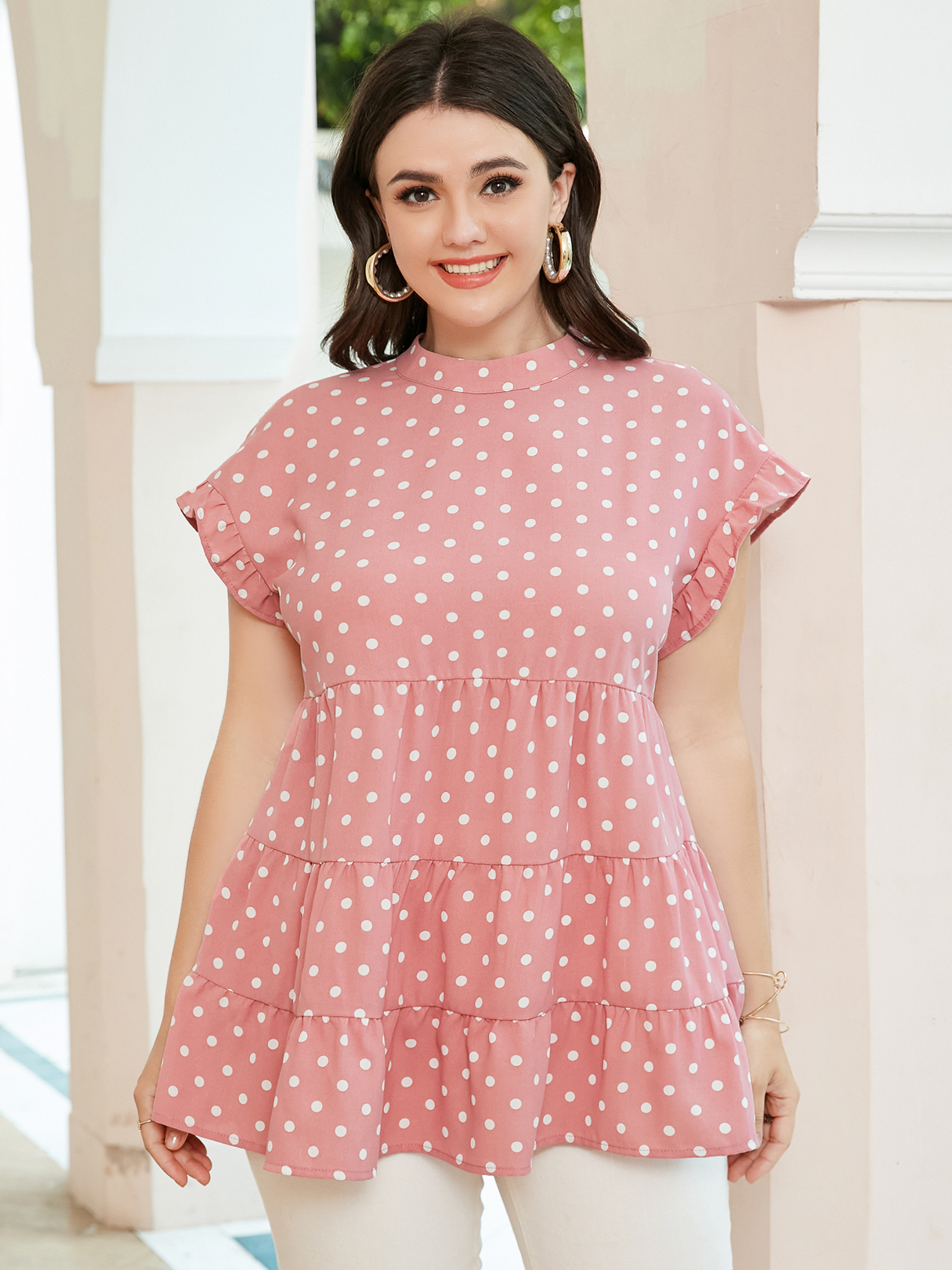 YOINS Plus Größe Polka Dot Knopf Schlüsselloch Design Kurzarm Bluse günstig online kaufen