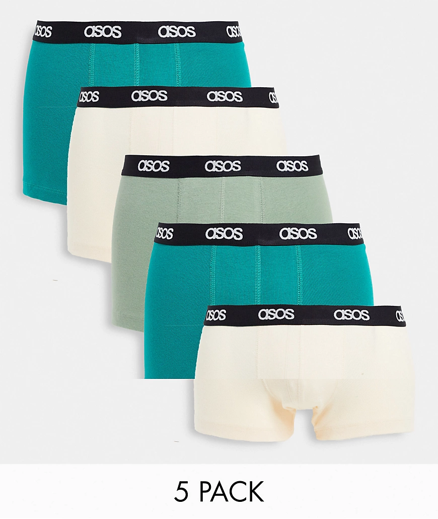 ASOS DESIGN – 5er-Pack Unterhosen aus geripptem Stoff in Grün/Beige-Mehrfar günstig online kaufen