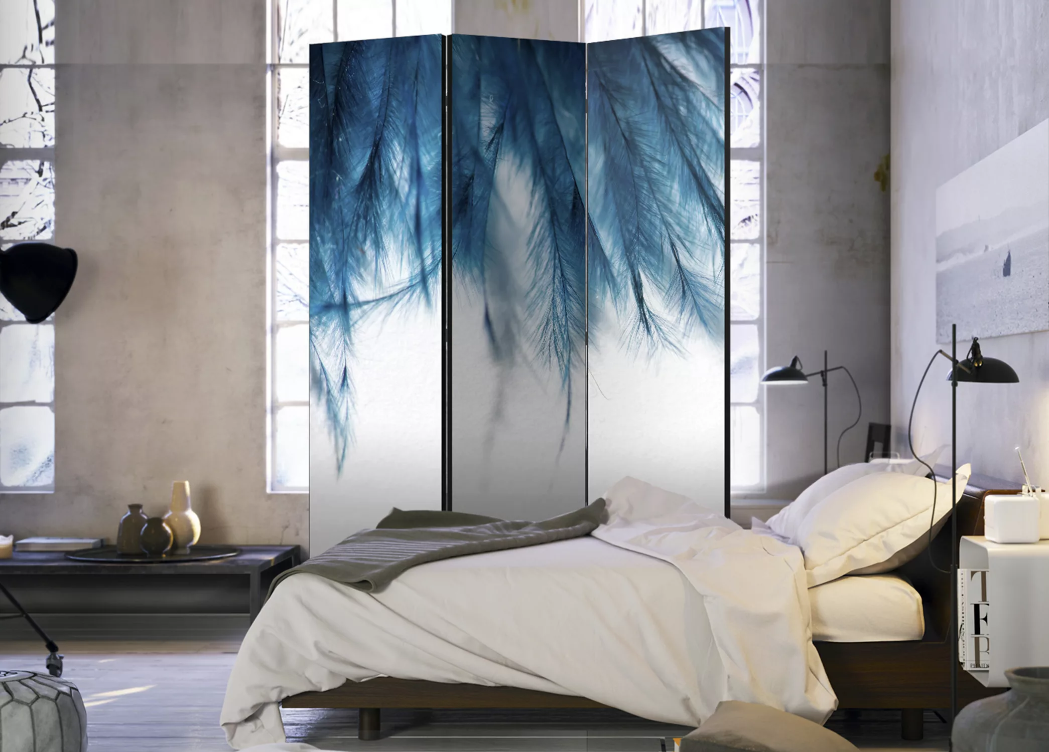 3-teiliges Paravent - Sapphire Feathers [room Dividers] günstig online kaufen