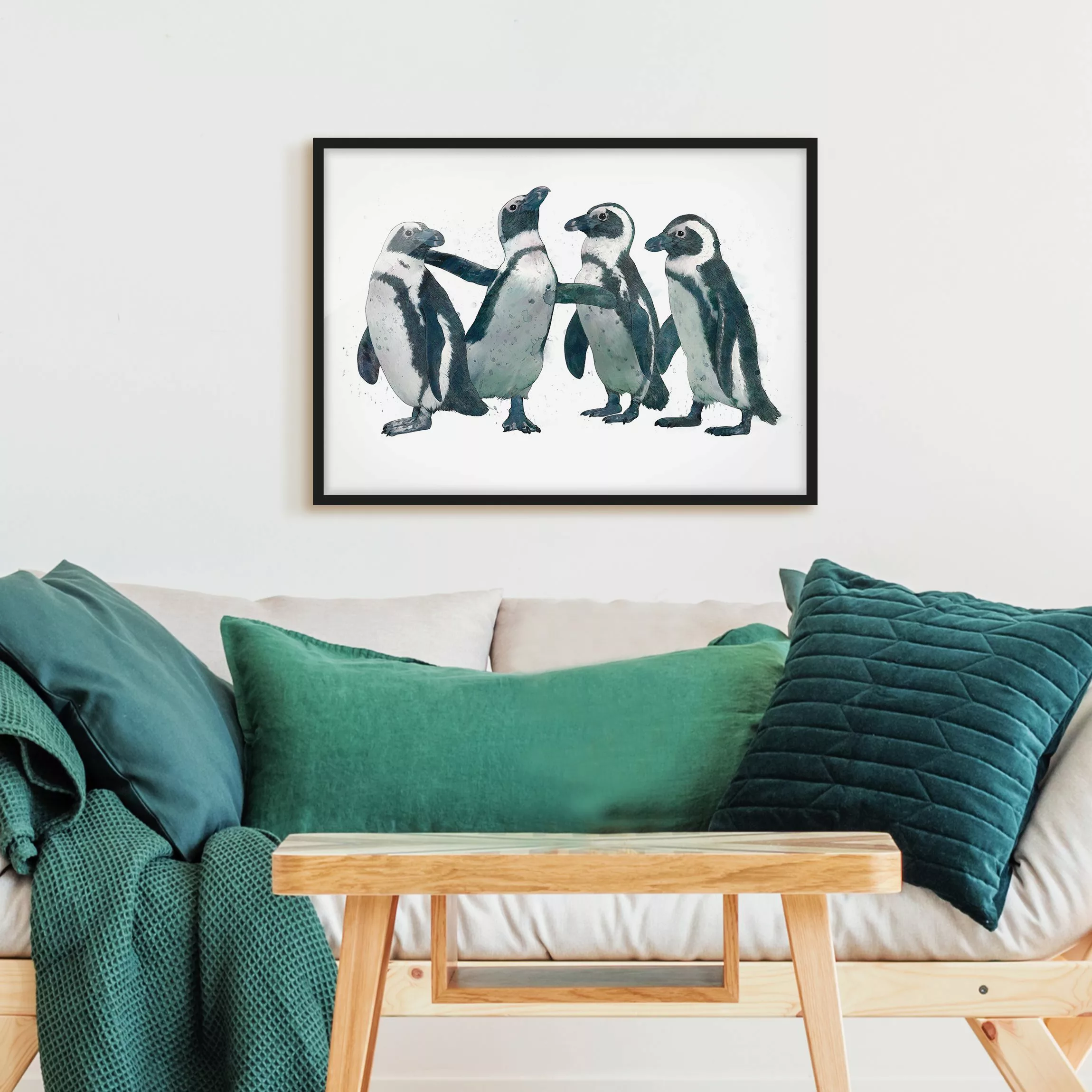 Bild mit Rahmen Tiere - Querformat Illustration Pinguine Schwarz Weiß Aquar günstig online kaufen