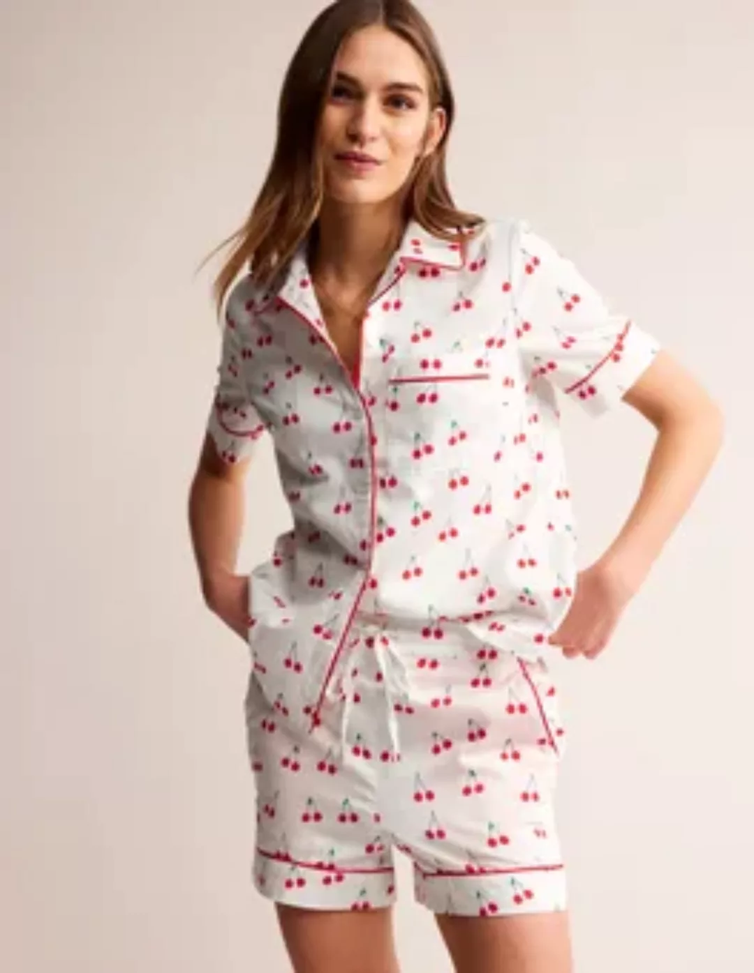 Schlafanzug-Shorts aus Baumwollsatin Damen Boden, Naturweiß, Kirschzweig günstig online kaufen