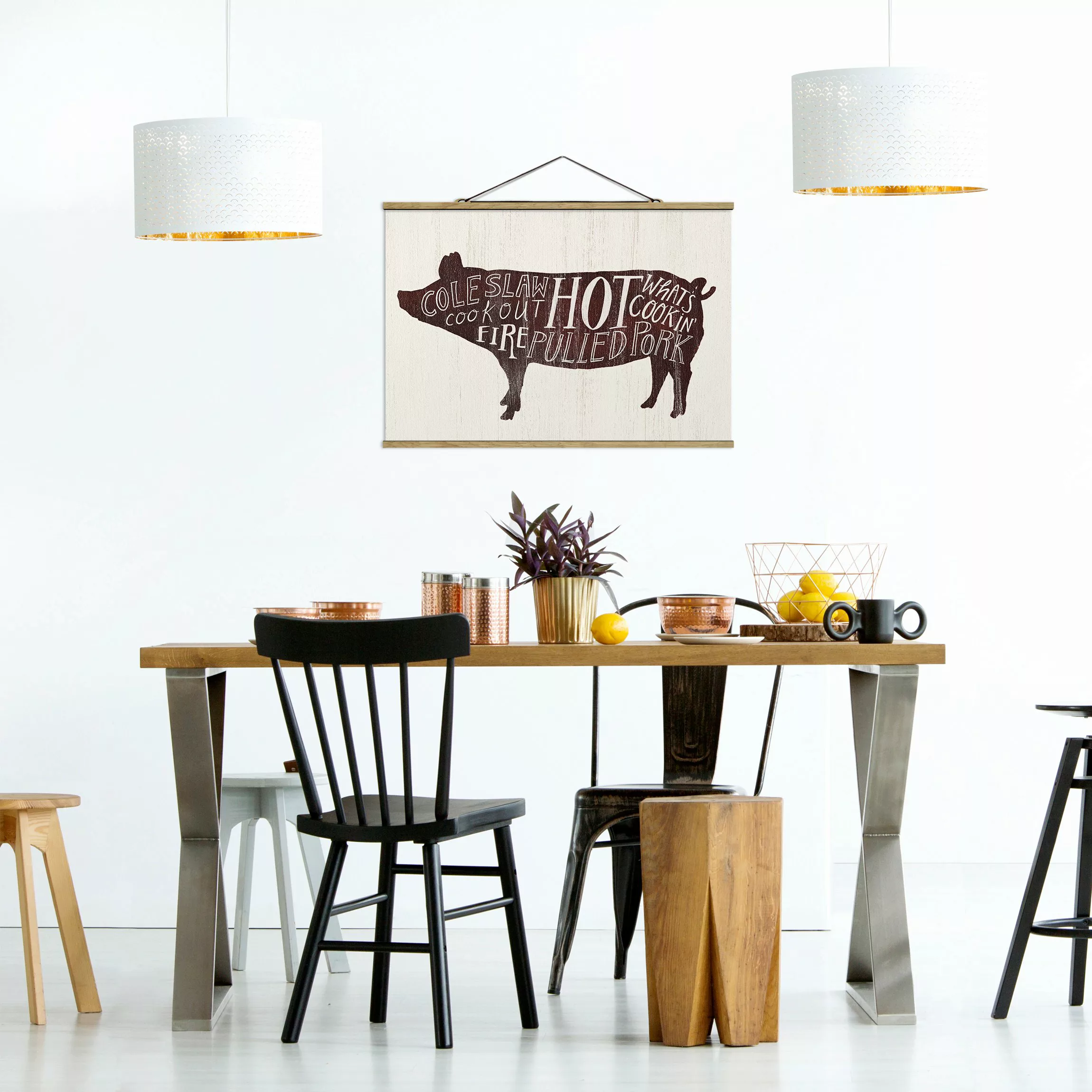 Stoffbild Tiere mit Posterleisten - Querformat Bauernhof BBQ - Schwein günstig online kaufen
