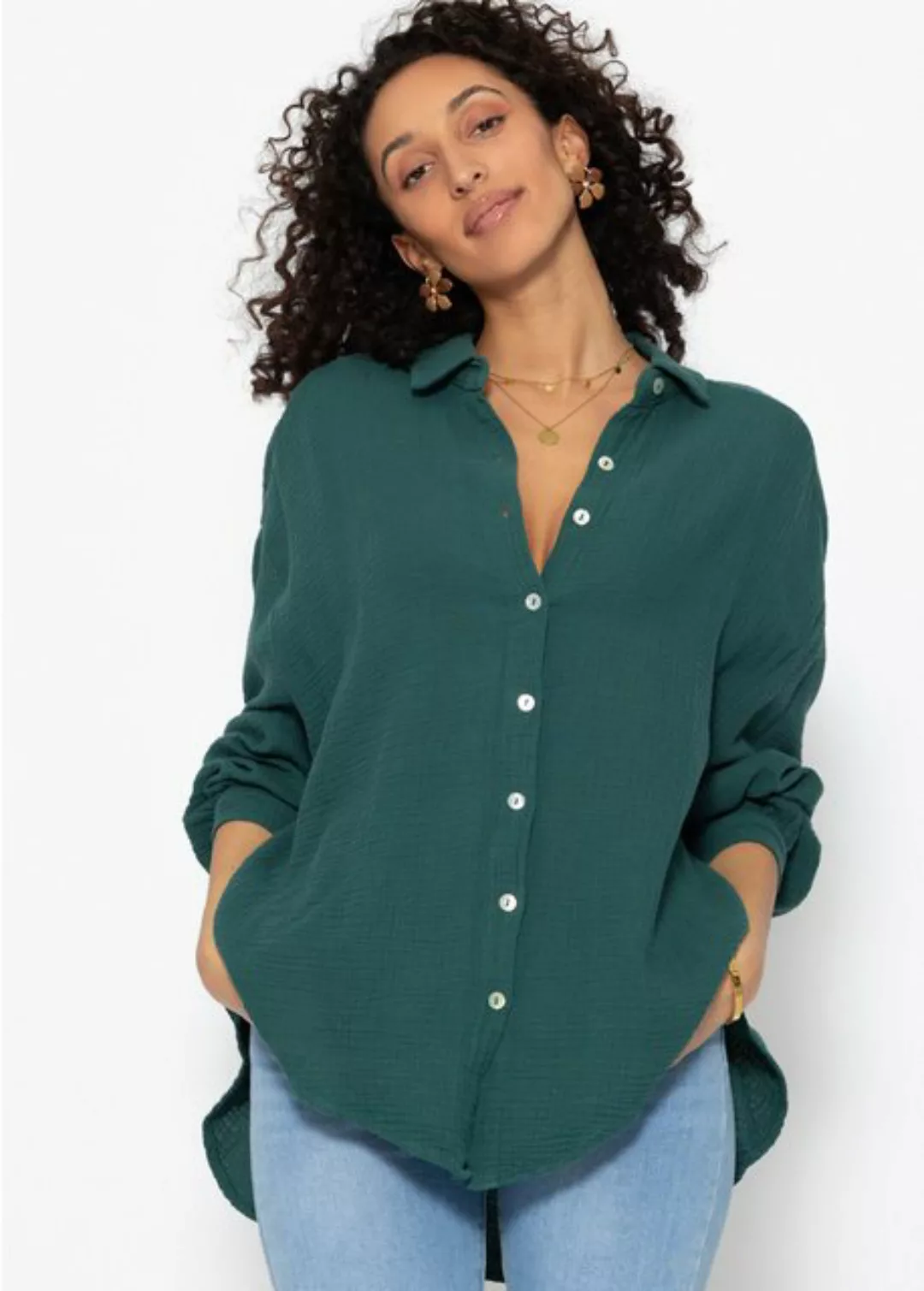 SASSYCLASSY Longbluse Oversize Musselin Bluse Damen kurz Langarm Elegant He günstig online kaufen