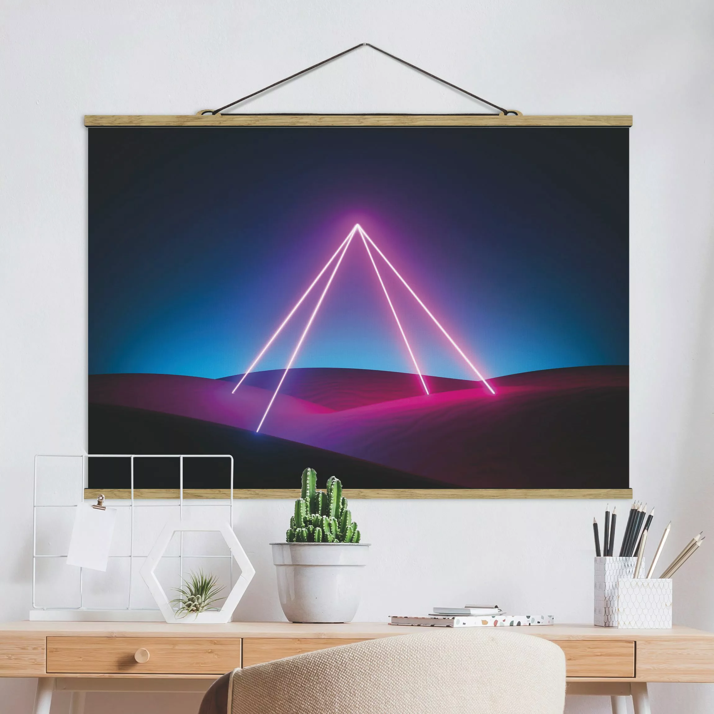 Stoffbild mit Posterleisten Neonlichtpyramide günstig online kaufen