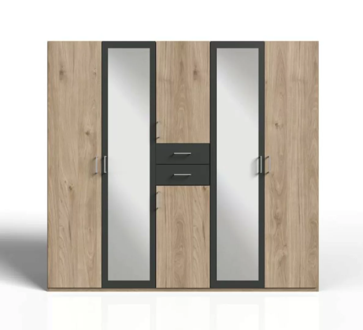 Kleiderschrank mit Spiegel und Schubladen 225 cm breit DIVER Hickory Oak / günstig online kaufen