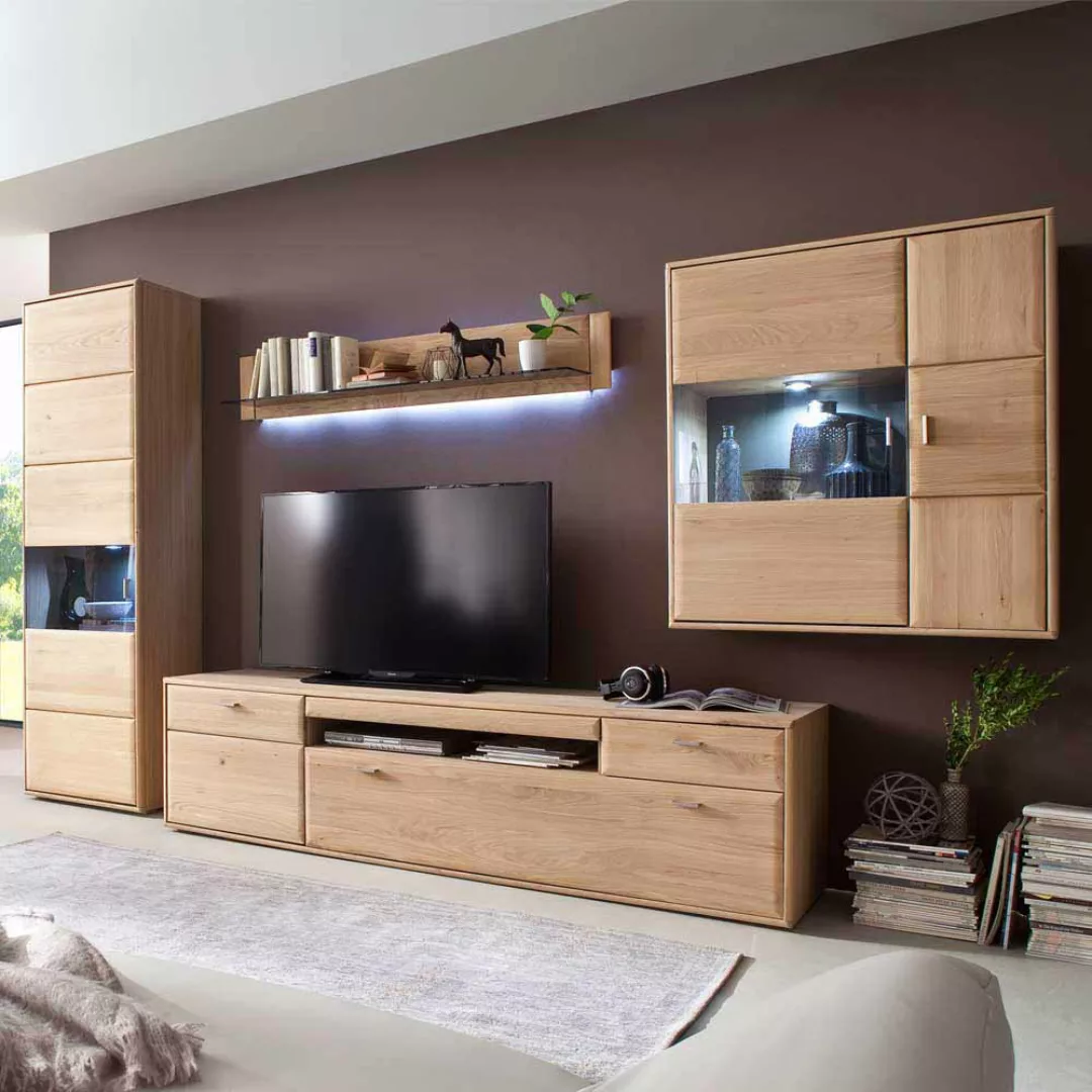 Wohnzimmer Wohnwand aus Eiche Bianco 330 cm breit (vierteilig) günstig online kaufen