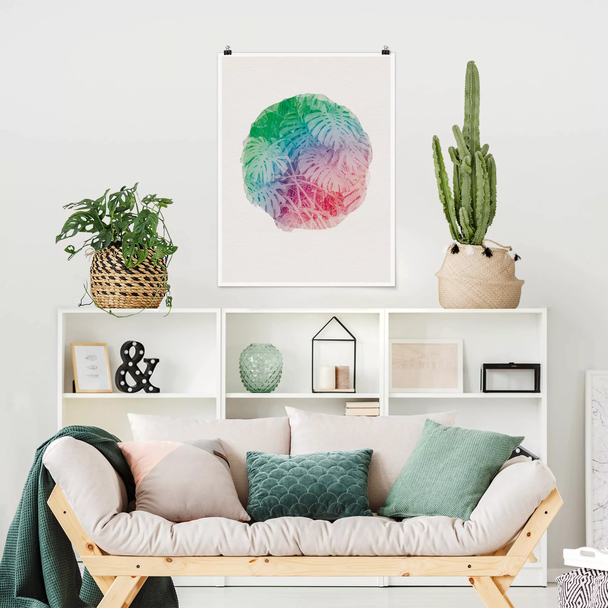 Poster Blumen - Hochformat Wasserfarben - Pink Monstera günstig online kaufen