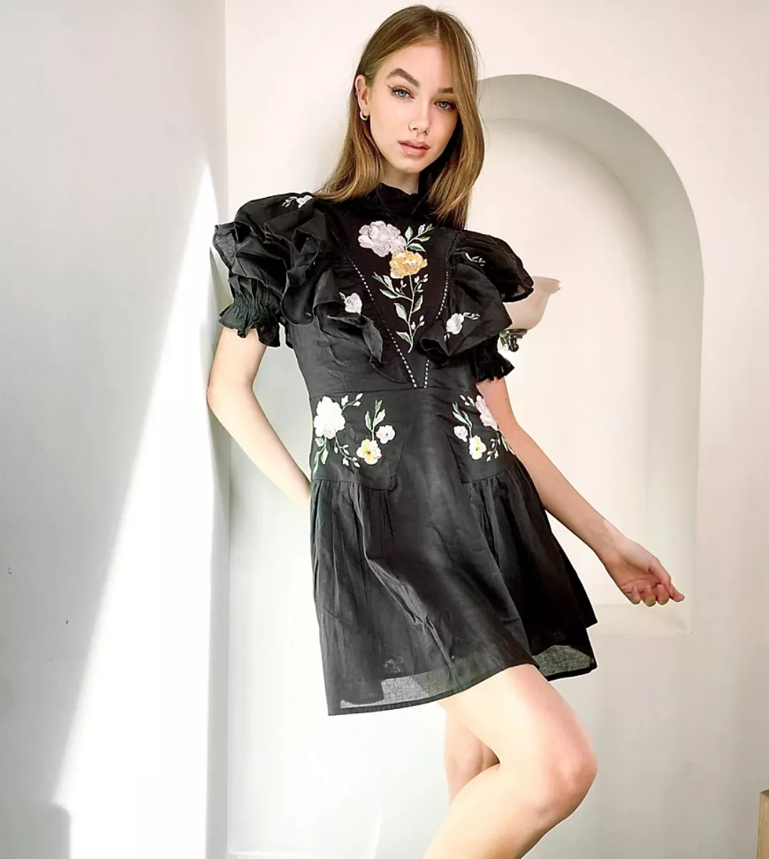 Reclaimed Vintage – Inspired – Hochgeschlossenes Kleid mit Spitzendetails u günstig online kaufen