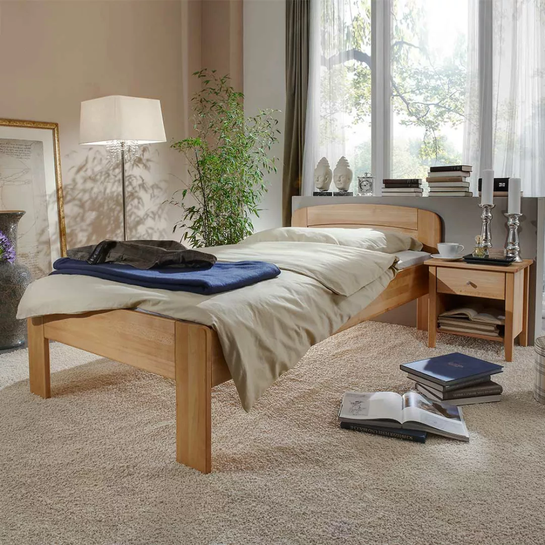 Bett mit Nachtkommode aus Buche Massivholz Komfort Höhe (zweiteilig) günstig online kaufen