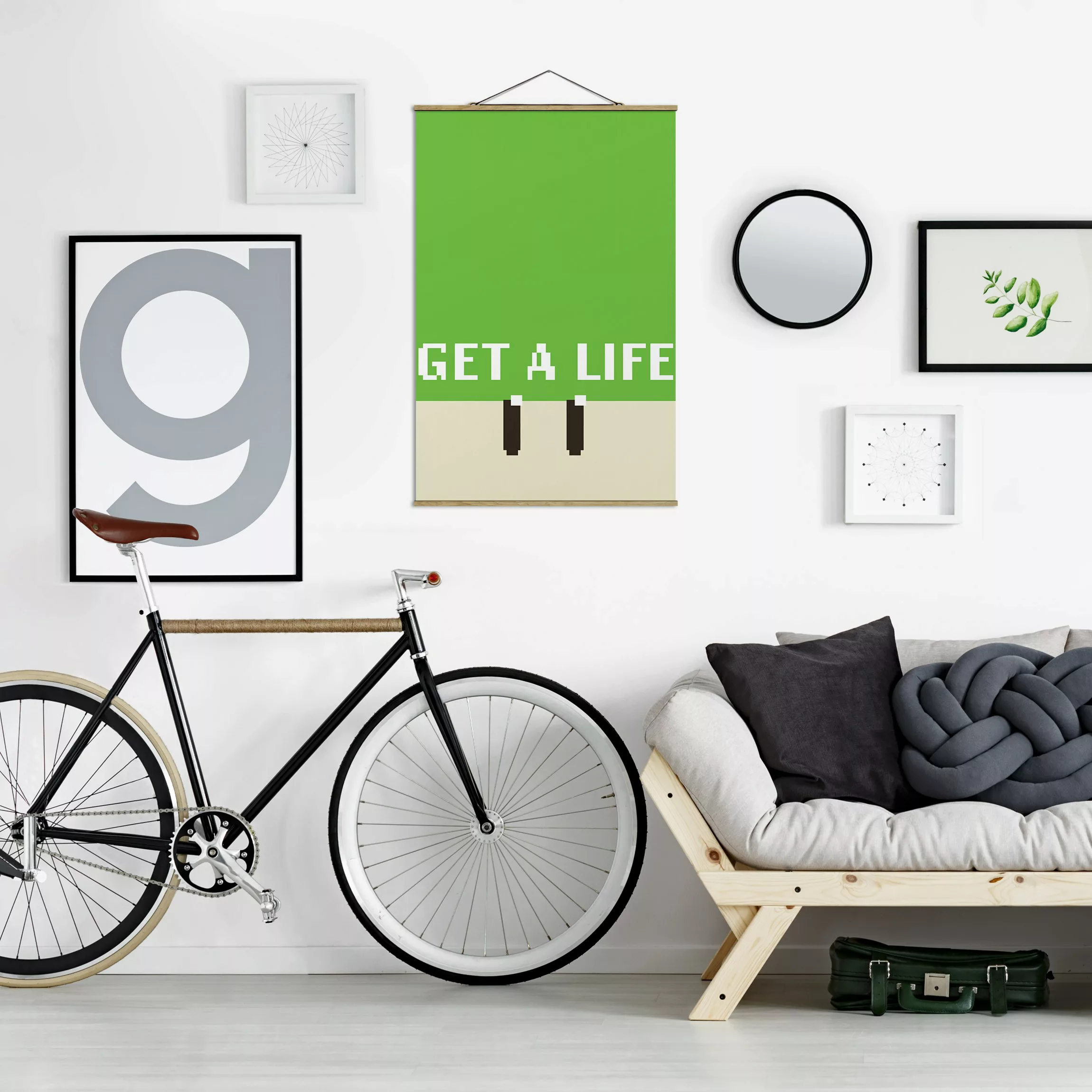 Stoffbild mit Posterleisten Pixel Spruch Get A Life in Grün günstig online kaufen