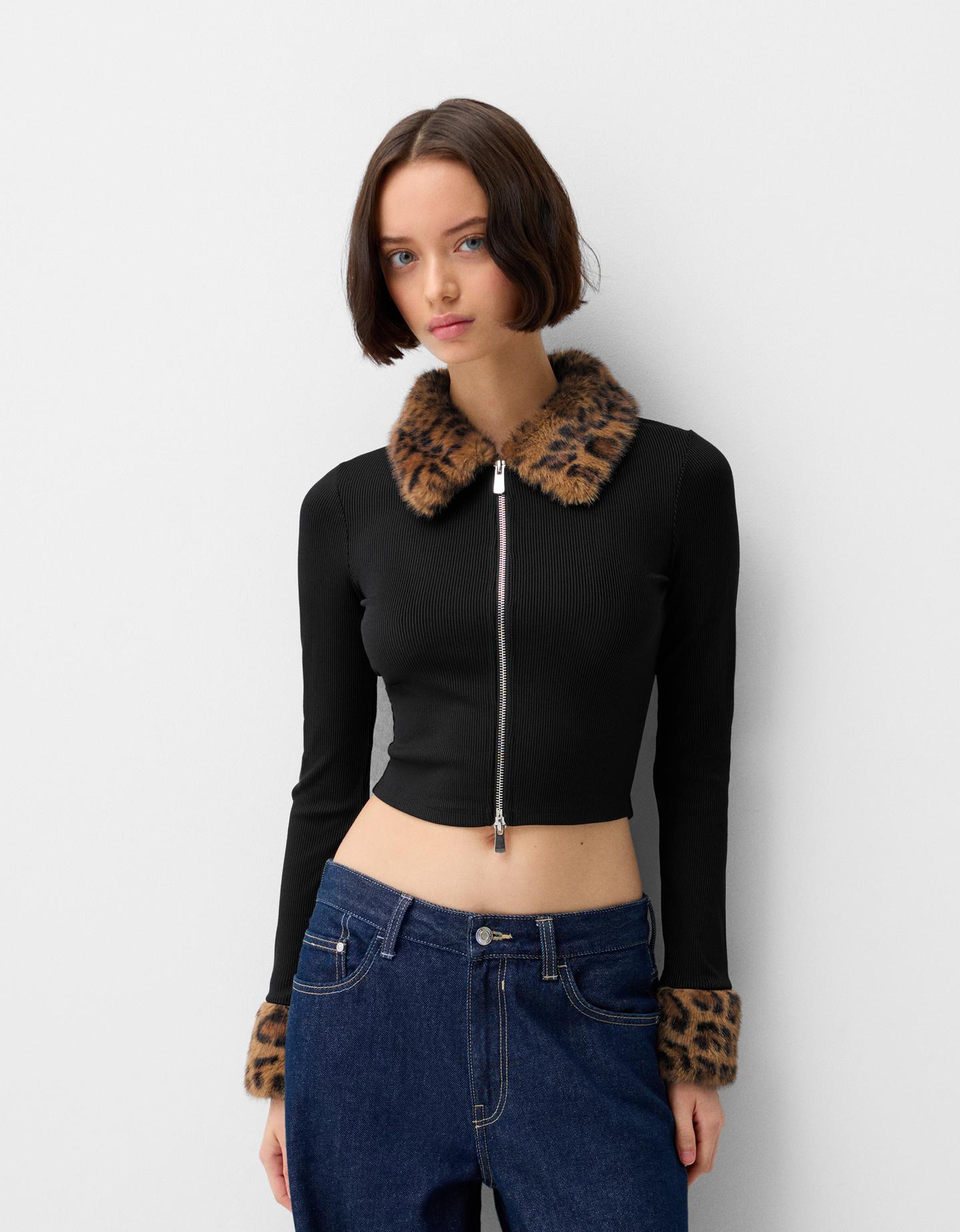 Bershka Jacke Mit Kragen Und Bündchen Mit Animalprint Damen L Schwarz günstig online kaufen