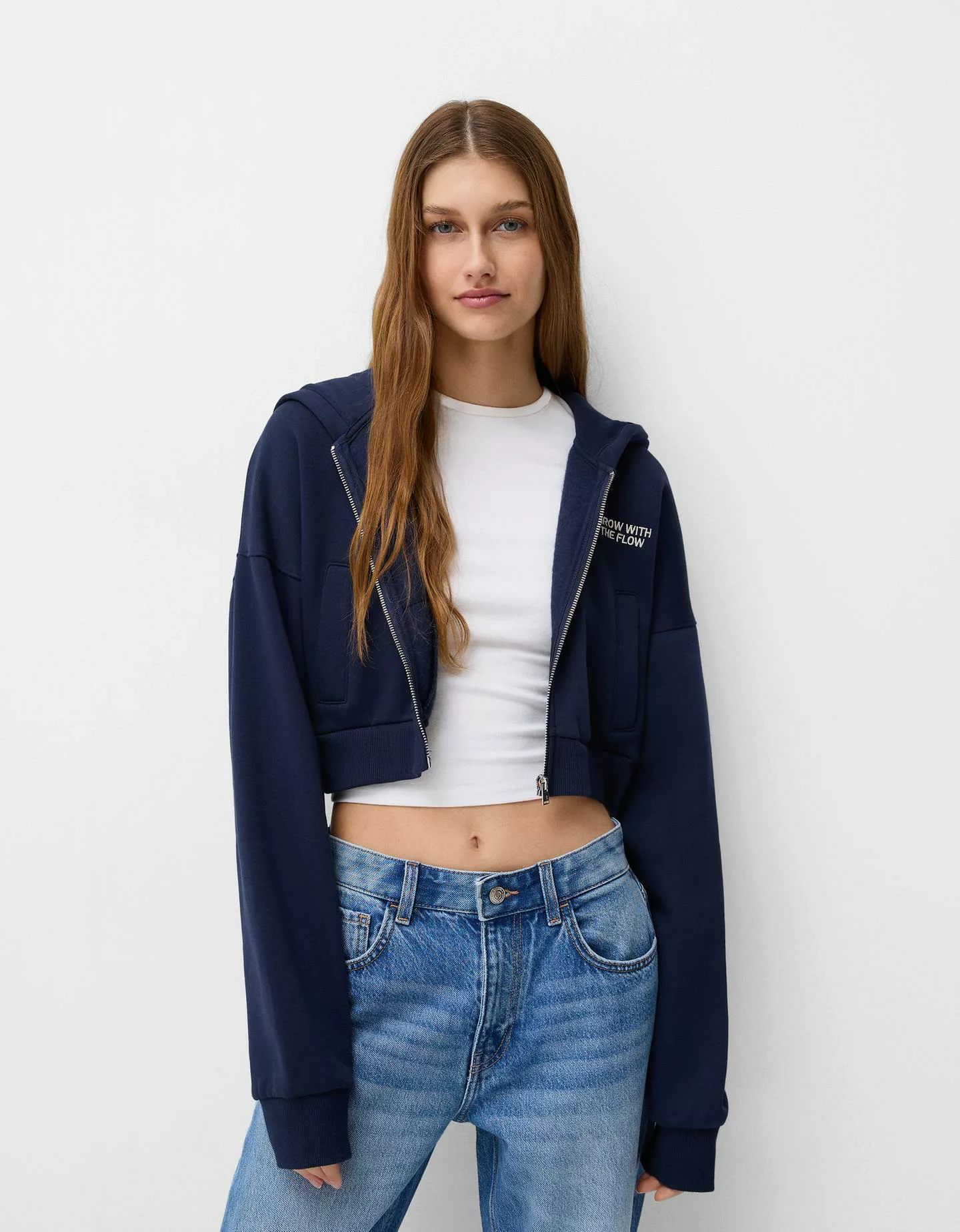 Bershka Cropped-Hoodie Mit Reißverschluss Damen M Marinenblau günstig online kaufen