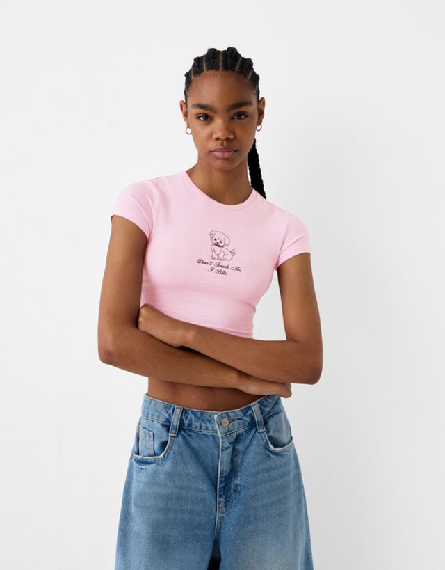 Bershka T-Shirt Mit Print Bskteen M Rosa günstig online kaufen