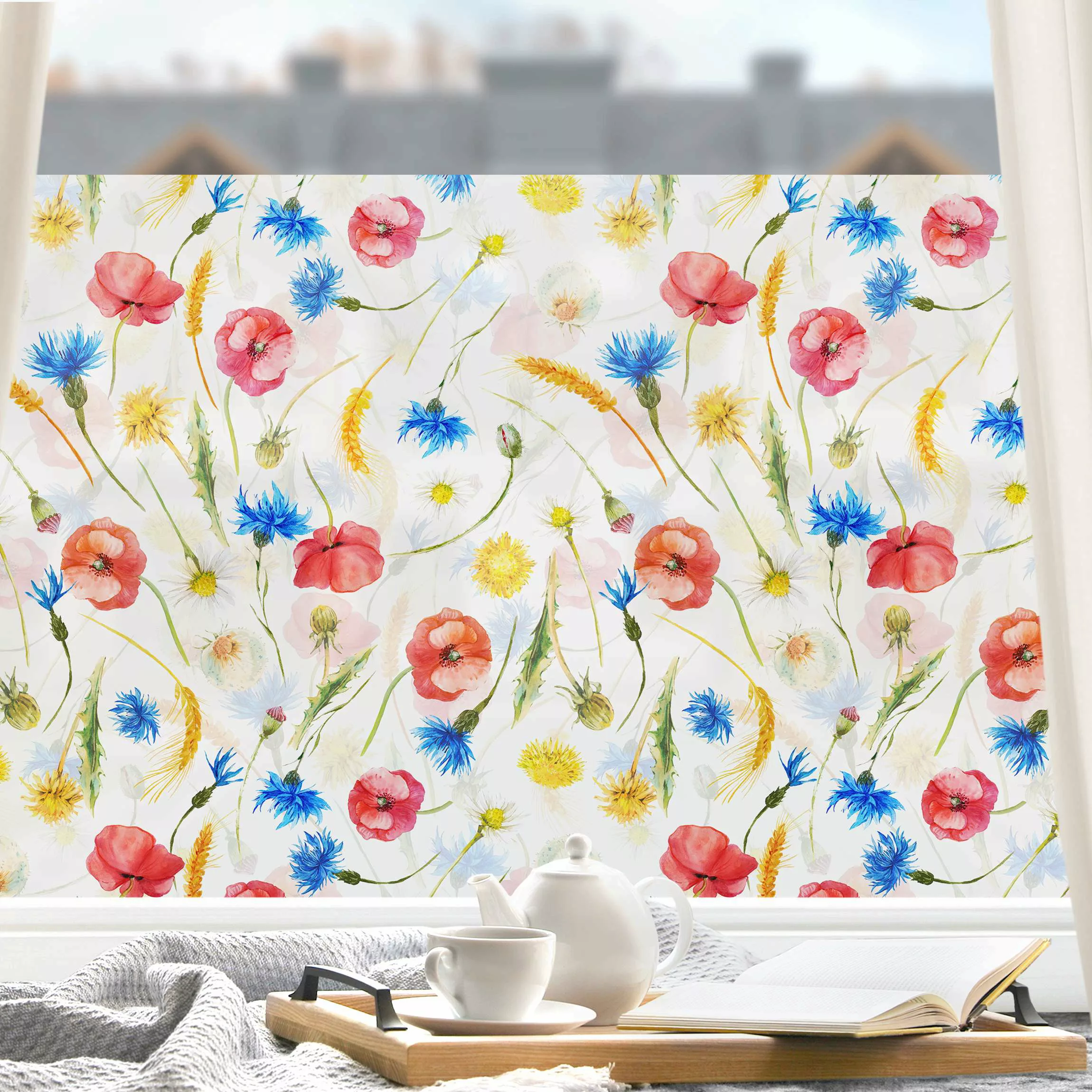 Fensterfolie Aquarellierte Feldblumen mit Mohn günstig online kaufen