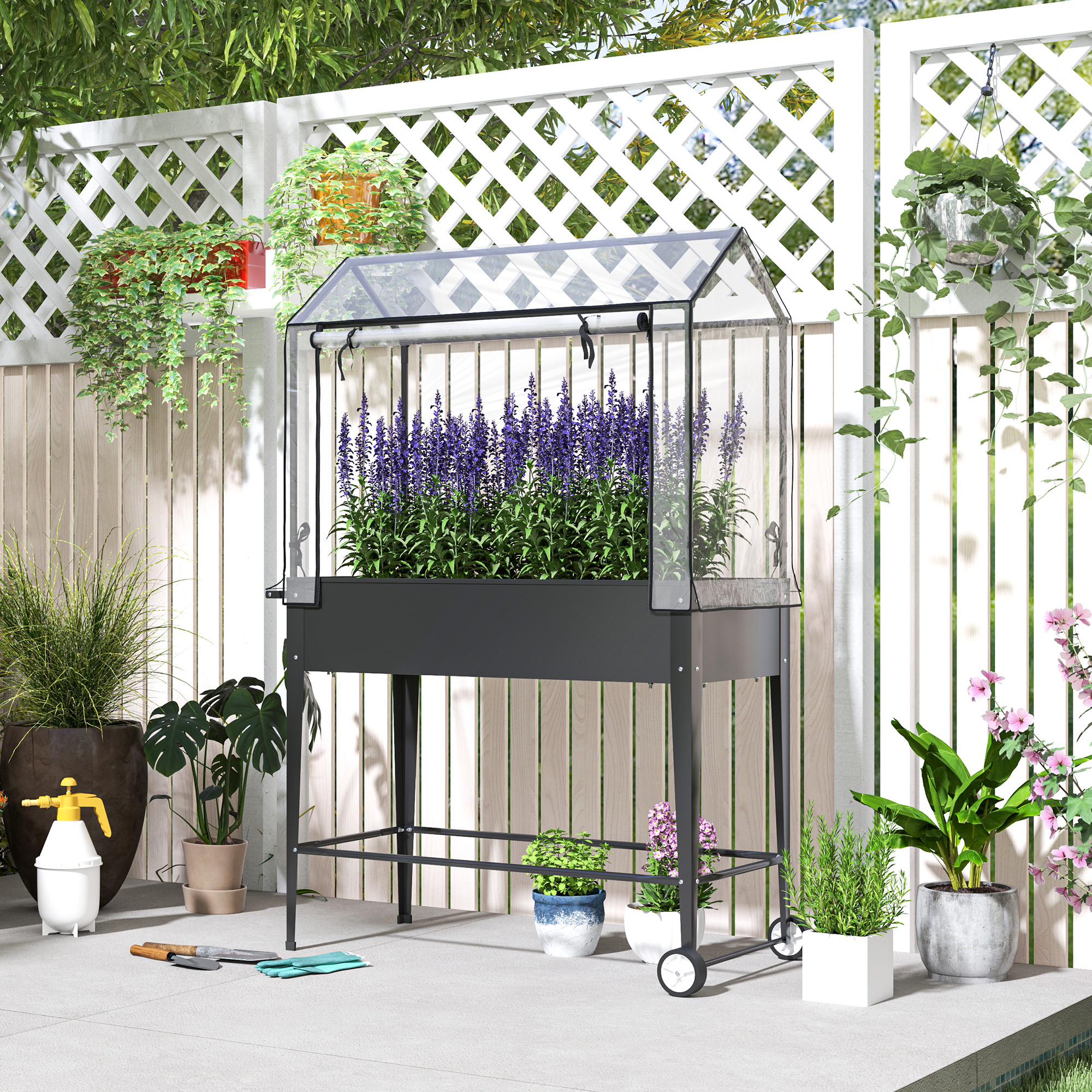 Outsunny Erhöhtes Gartenbeet mit PVC-Abdeckung, Pflanzbeet auf Rädern, roll günstig online kaufen