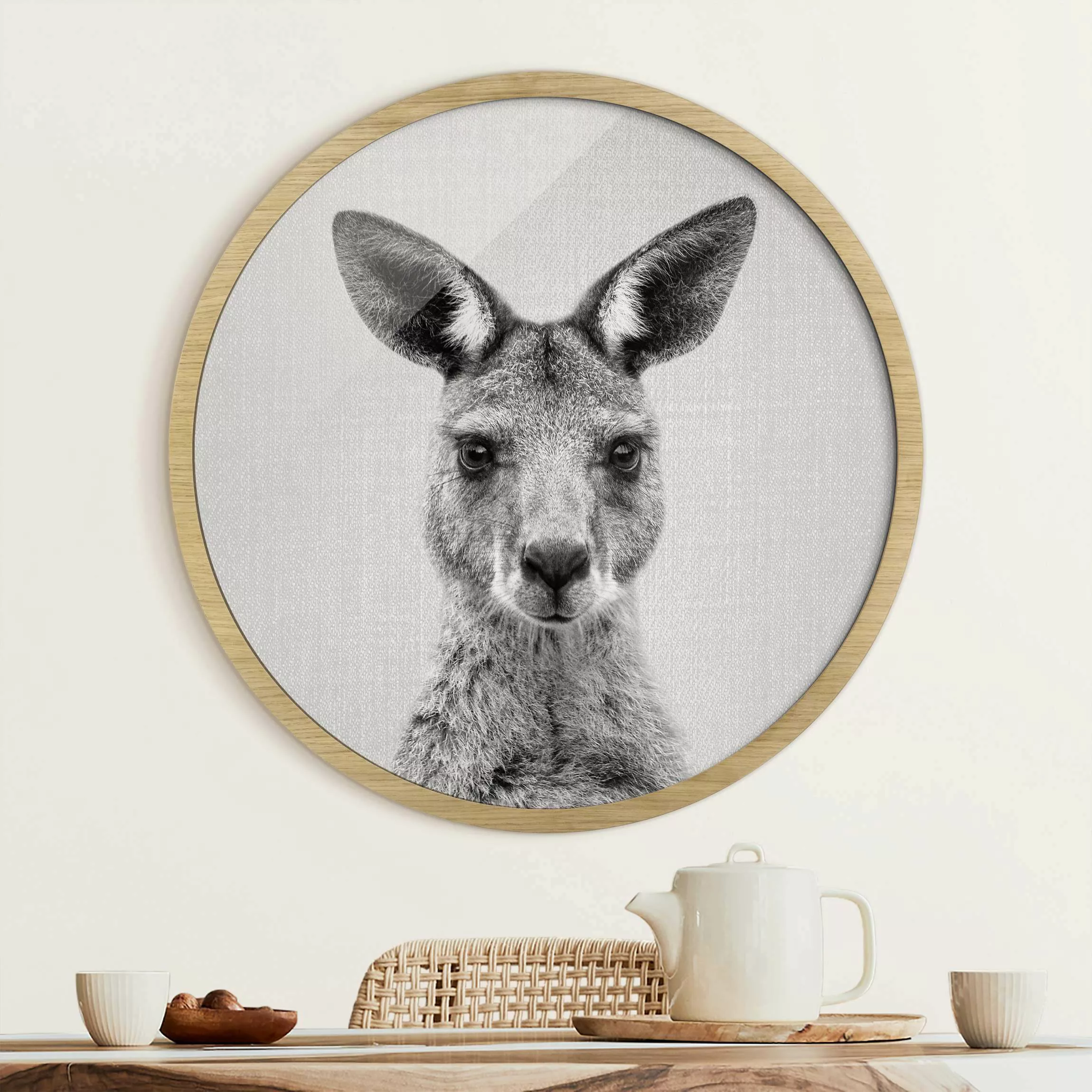 Rundes Gerahmtes Bild Känguru Knut Schwarz Weiß günstig online kaufen