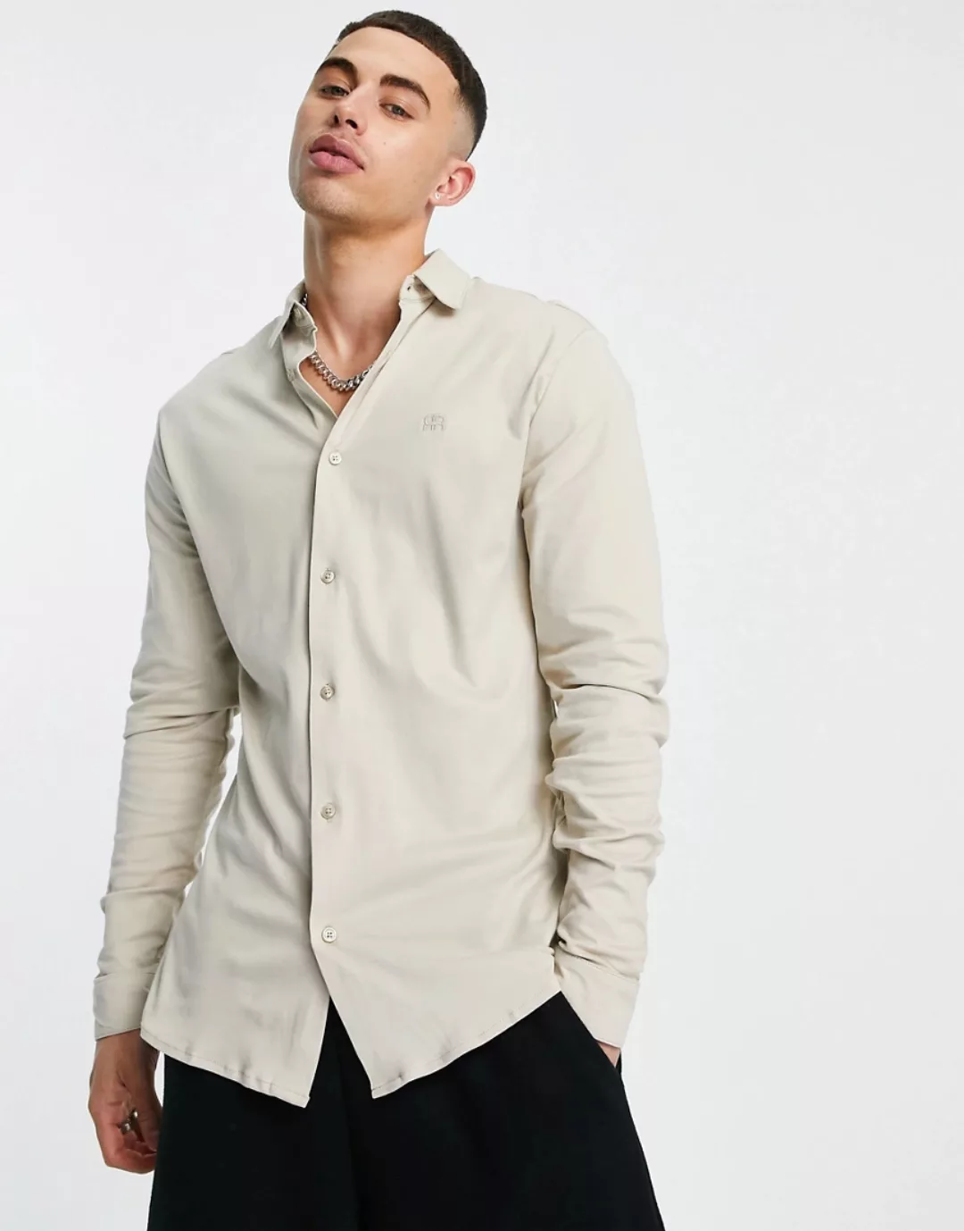 River Island – Langärmliges Jersey-Muskelshirt in Stein-Weiß günstig online kaufen