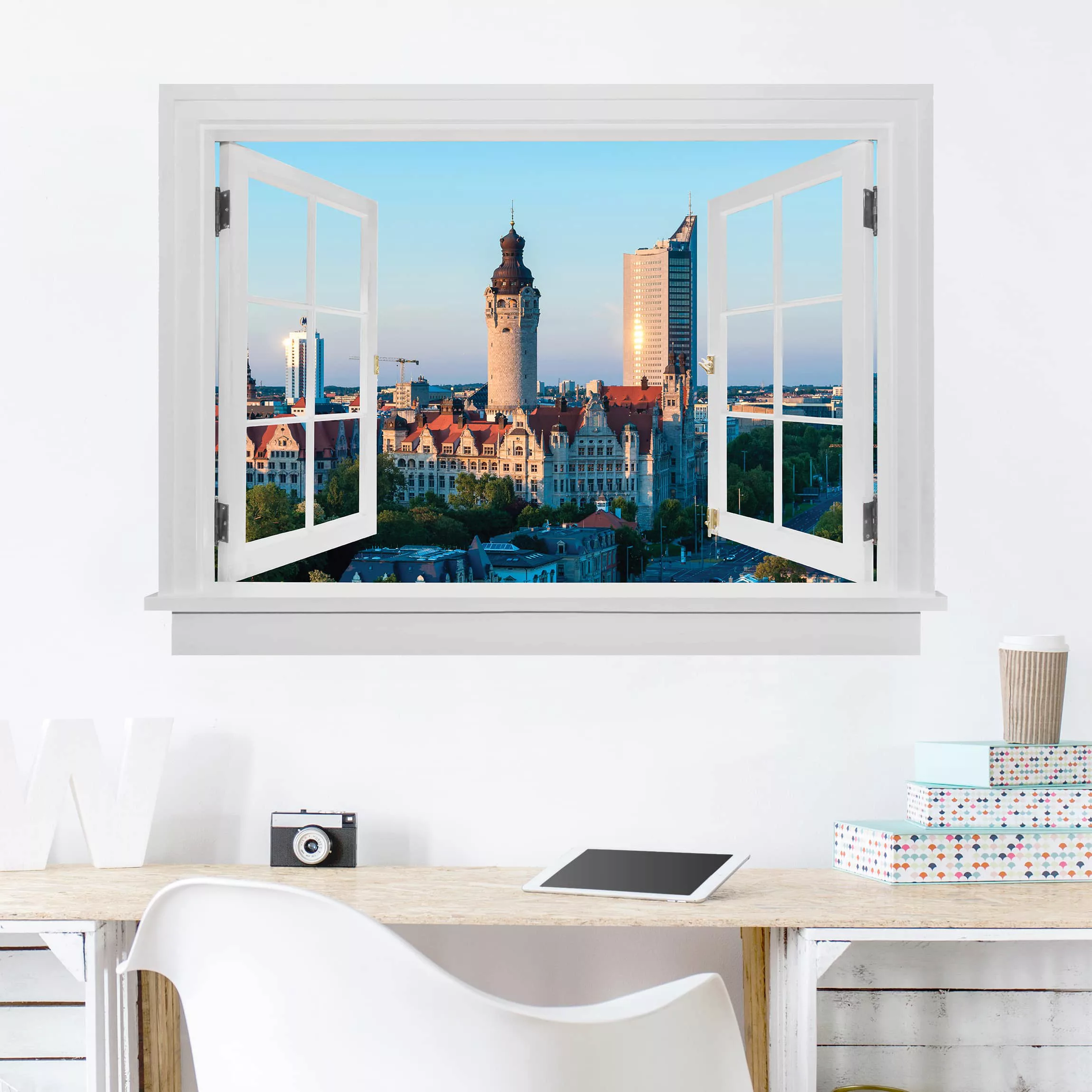 3D Wandtattoo Offenes Fenster Leipzig Skyline günstig online kaufen