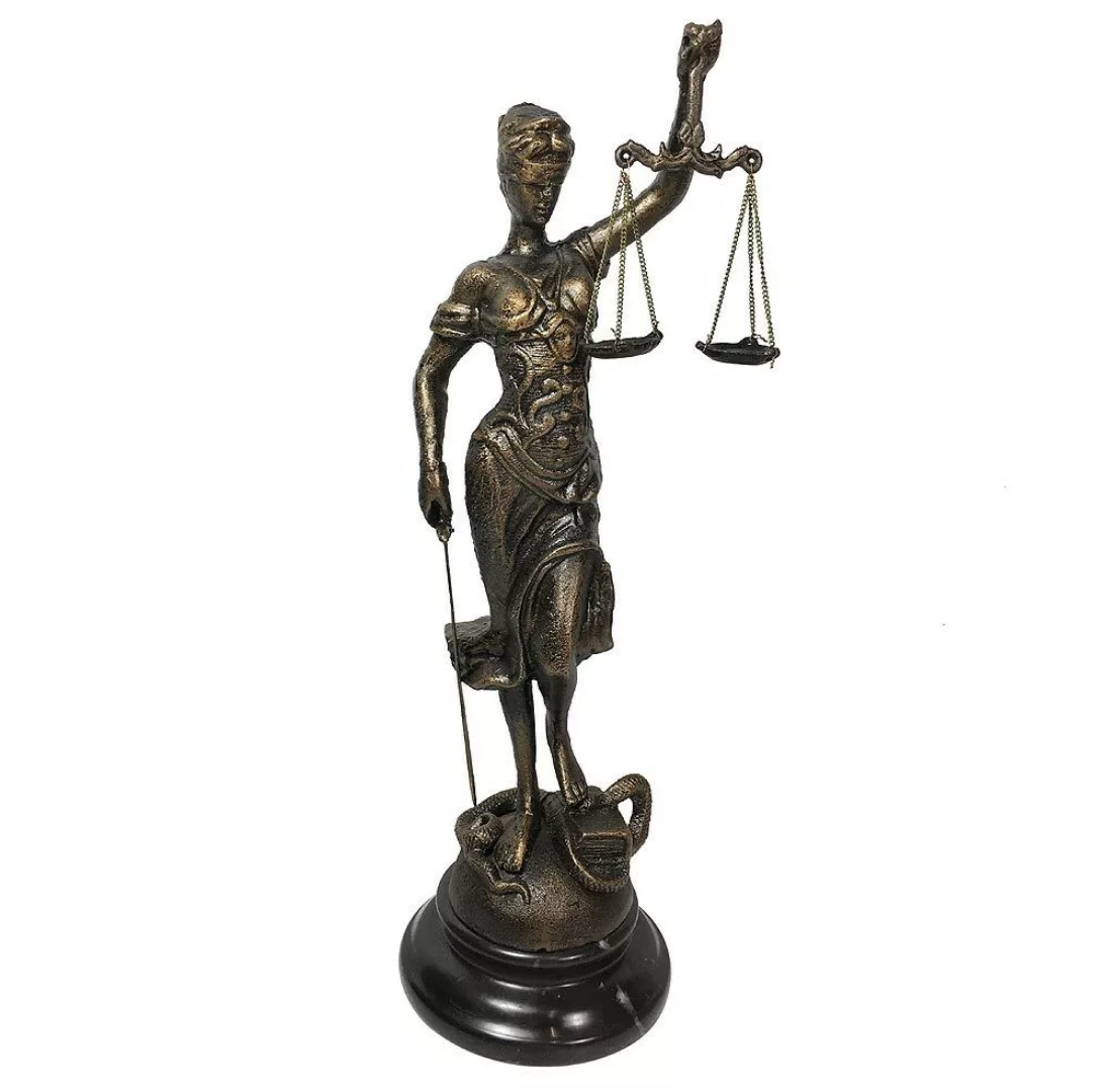 Justitia Figur Göttin der Gerechtigkeit Skulptur Gusseisen auf Marmorsockel günstig online kaufen