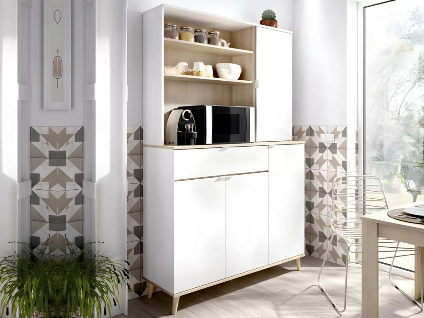 Küchenschrank mit 4 Türen, 1 Schublade & 3 Ablagen - Weiß & Eichefarben - W günstig online kaufen